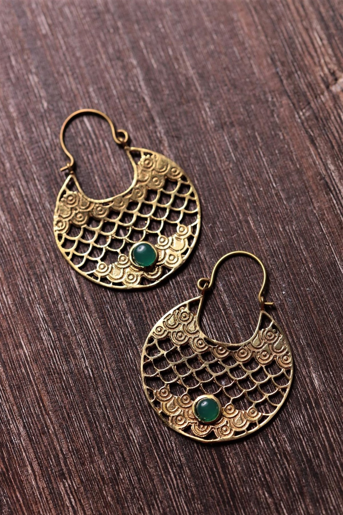  Bronz Antik İşlemeli Doğal Taşlı Tasarım Küpe