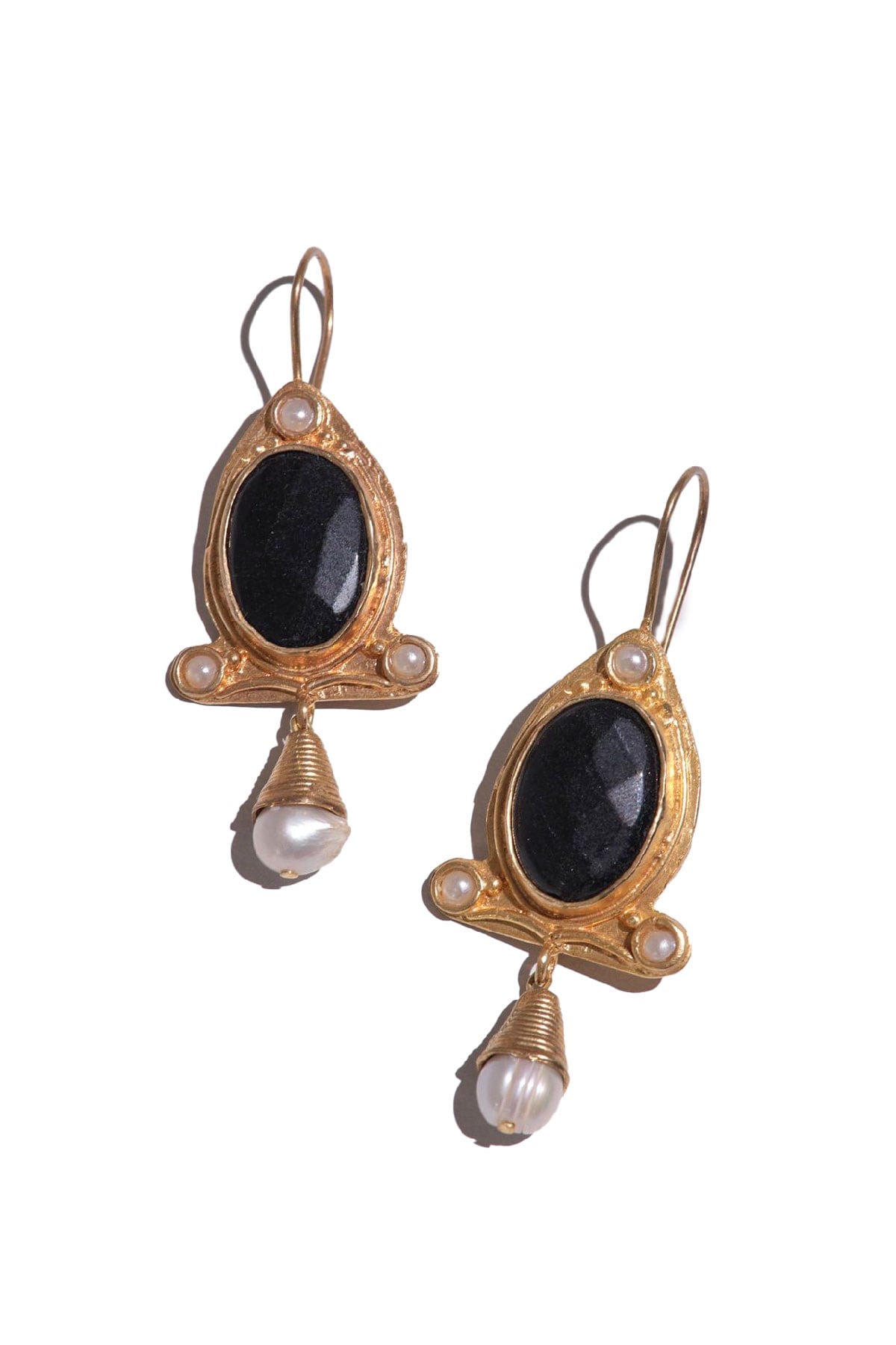  Oniks Taşlı İncili Bronz Antik Tasarım Küpe