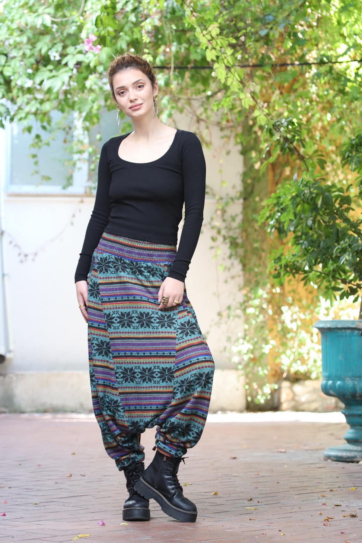 Mint Yeşili Gipe Bel Detaylı Kışlık Şalvar