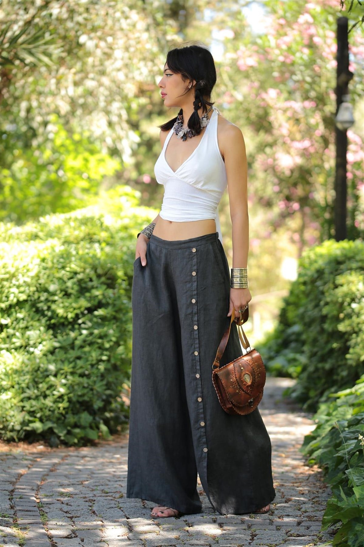 Saman Butik | Shop Online Anthracite Linen Trouser with Slit and Buttons