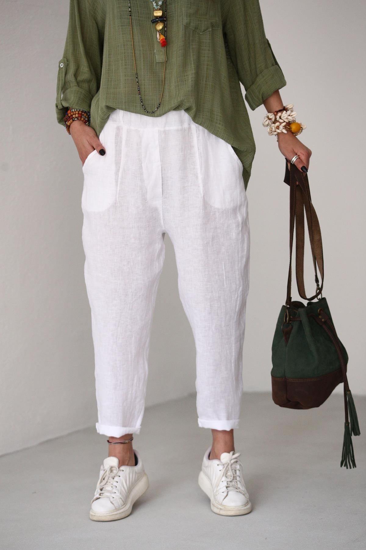 White Judith Linen Trousers - Şaman Butik | Boho Fashion White Judith Linen Trousers