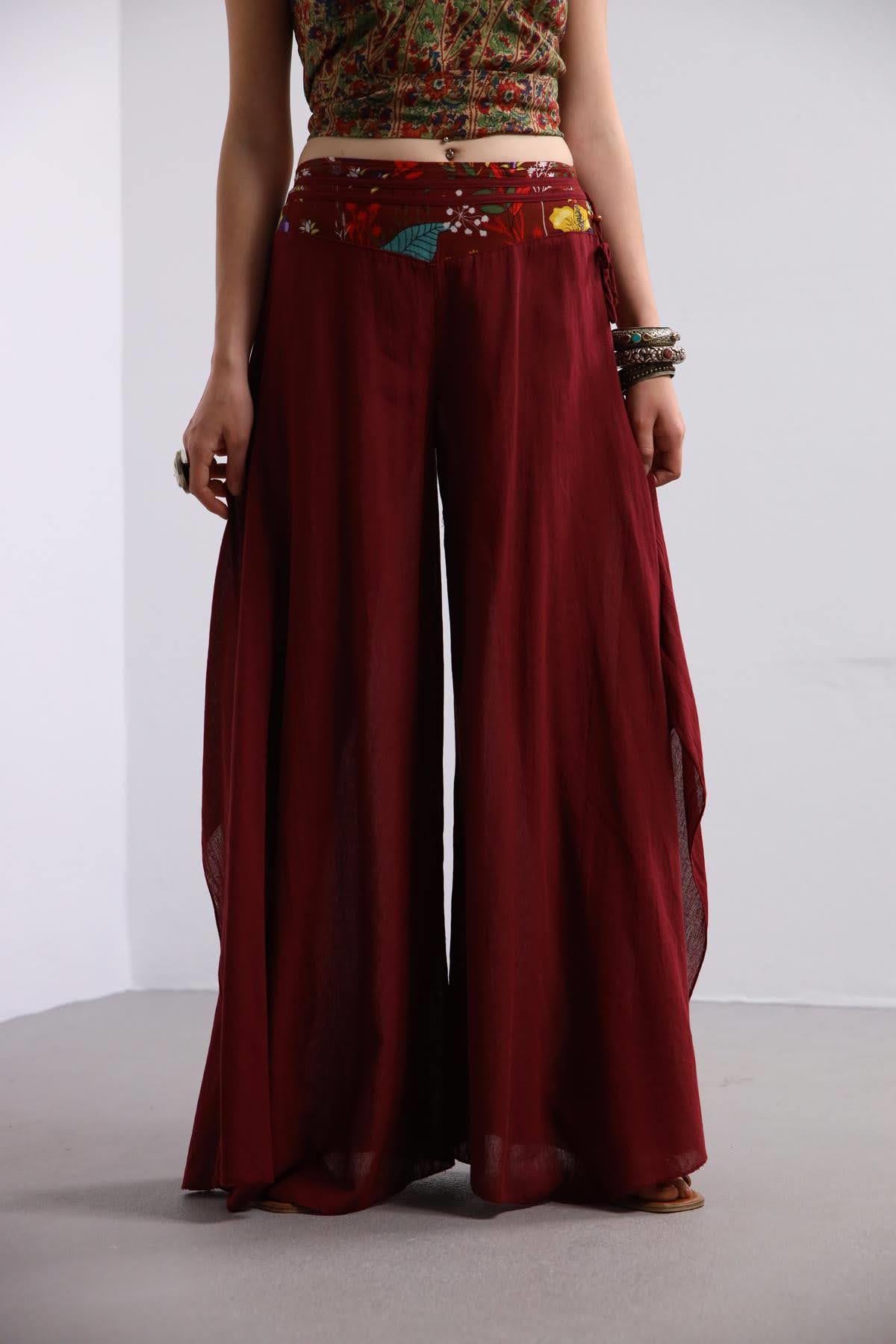 Bordo Yırtmaçlı Yarasa Pantolon - Şaman Butik Bordo Yırtmaçlı Yarasa Pantolon