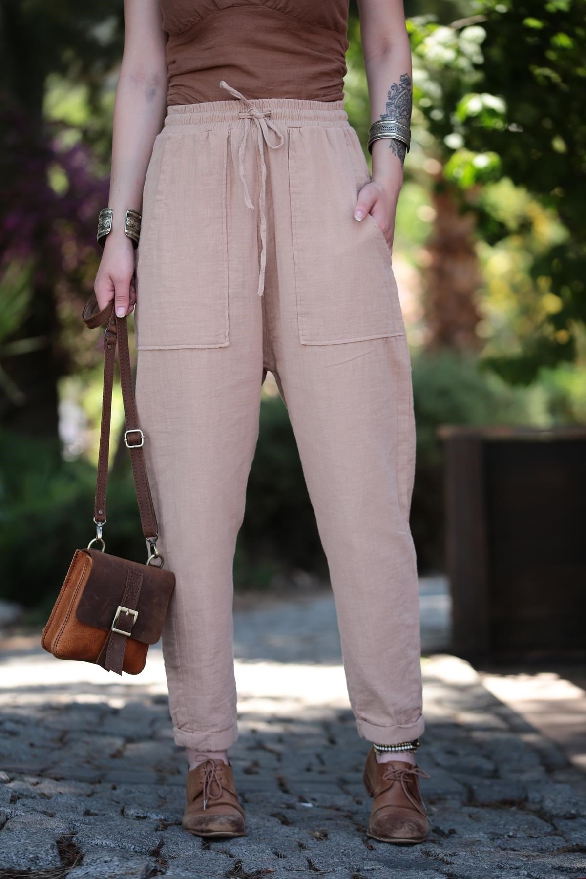 Camel Rengi Büyük Cep Detay Pantolon - Şaman Butik Camel Rengi Büyük Cep Detay Pantolon