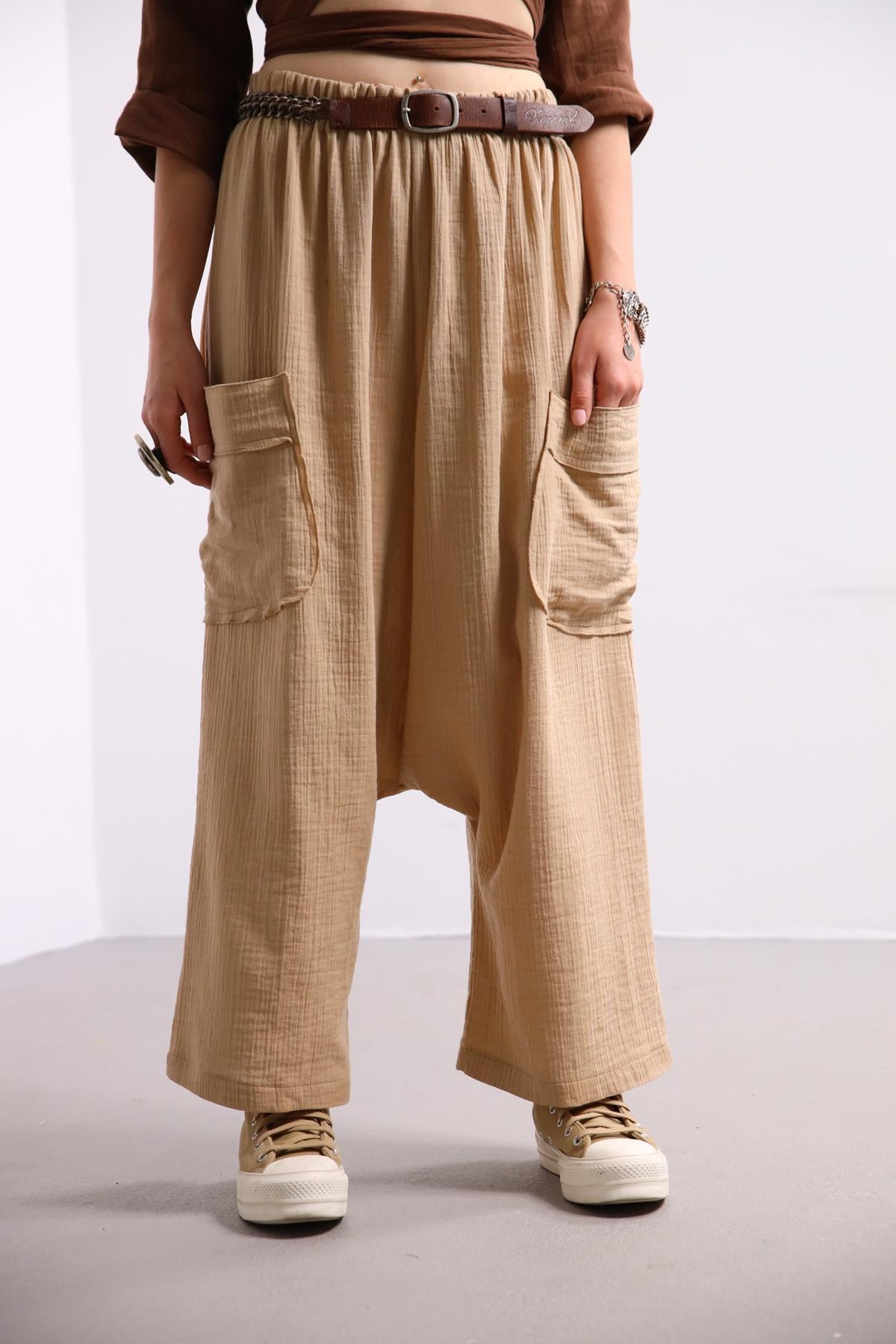 Camel Rengi Büyük Cepli Ağı Düşük Pantolon - Şaman Butik Camel Rengi Büyük Cepli Ağı Düşük Pantolon