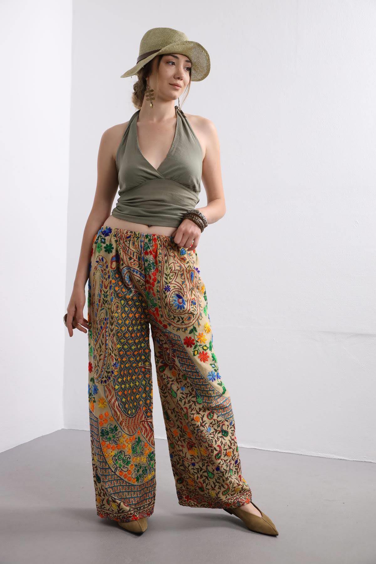 Camel Rengi İşlemeli Bohem Pantolon - Şaman Butik Camel Rengi İşlemeli Bohem Pantolon