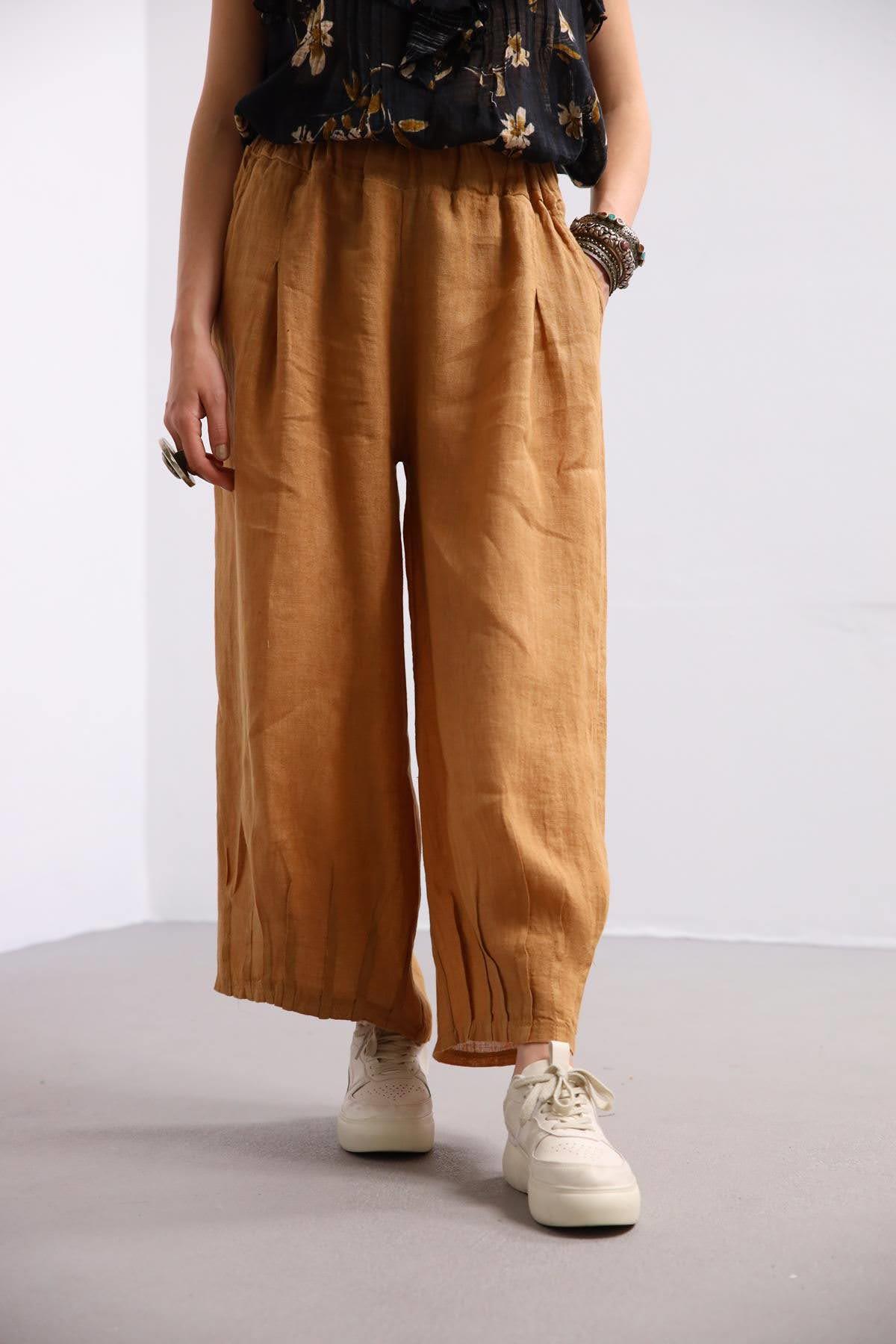 Camel Rengi Paçası Pileli Keten Pantolon - Şaman Butik Camel Rengi Paçası Pileli Keten Pantolon