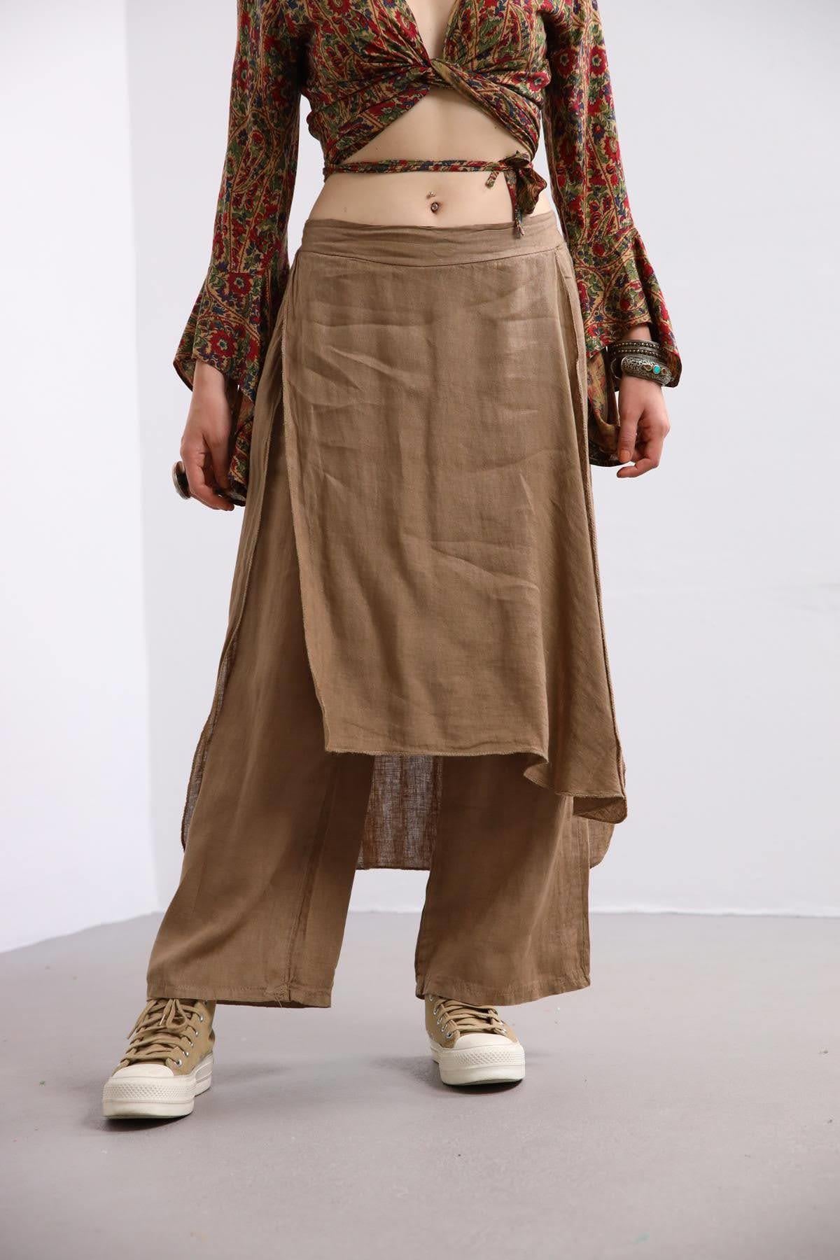 Camel Rengi Parça Detaylı Keten Pantolon - Şaman Butik Camel Rengi Parça Detaylı Keten Pantolon