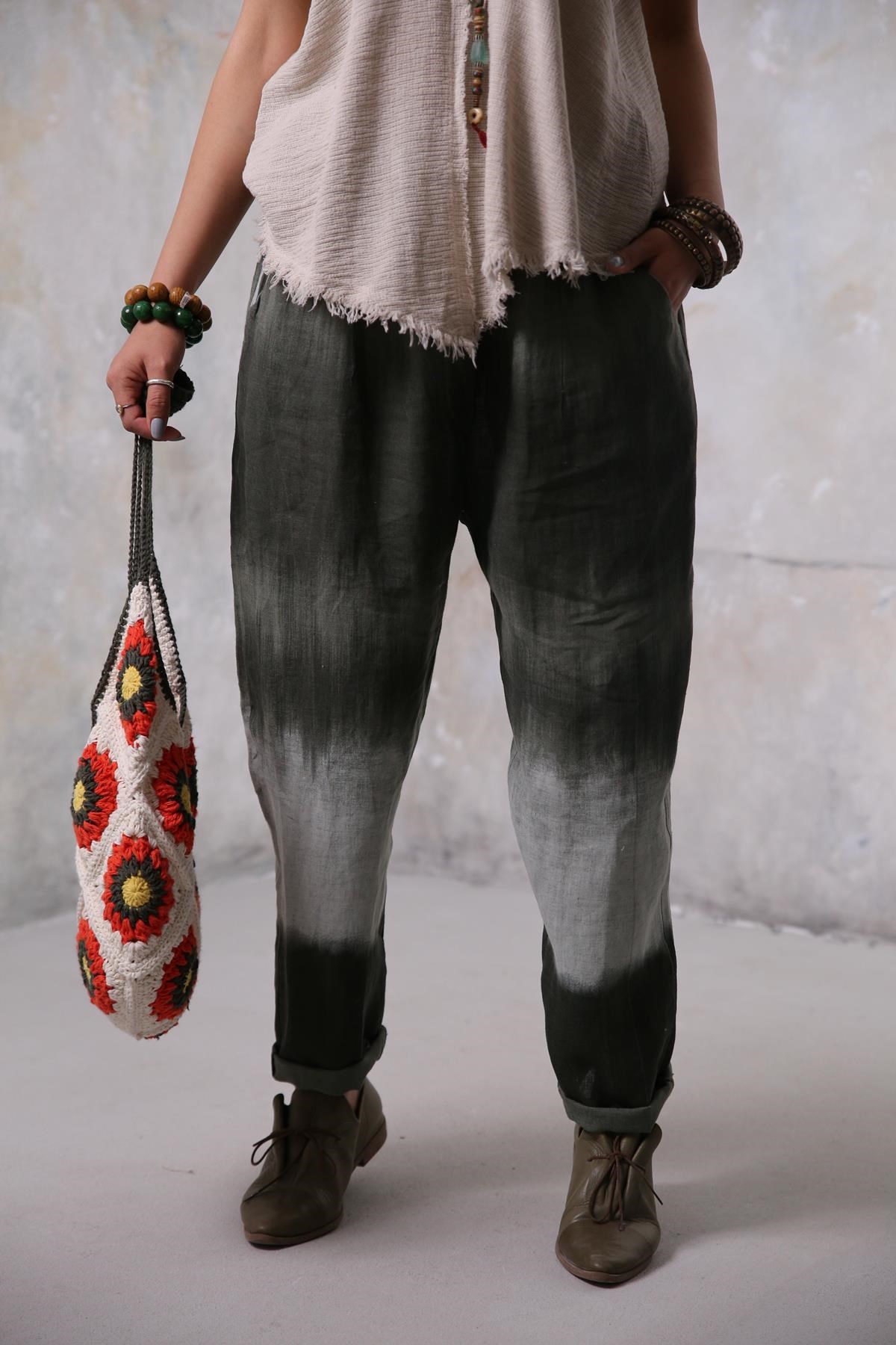  Haki Batik Desenli Keten Pantolon