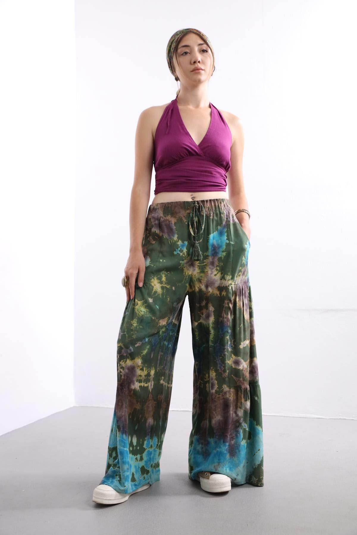 Haki Batikli Dikişli Pantolon - Şaman Butik Haki Batikli Dikişli Pantolon