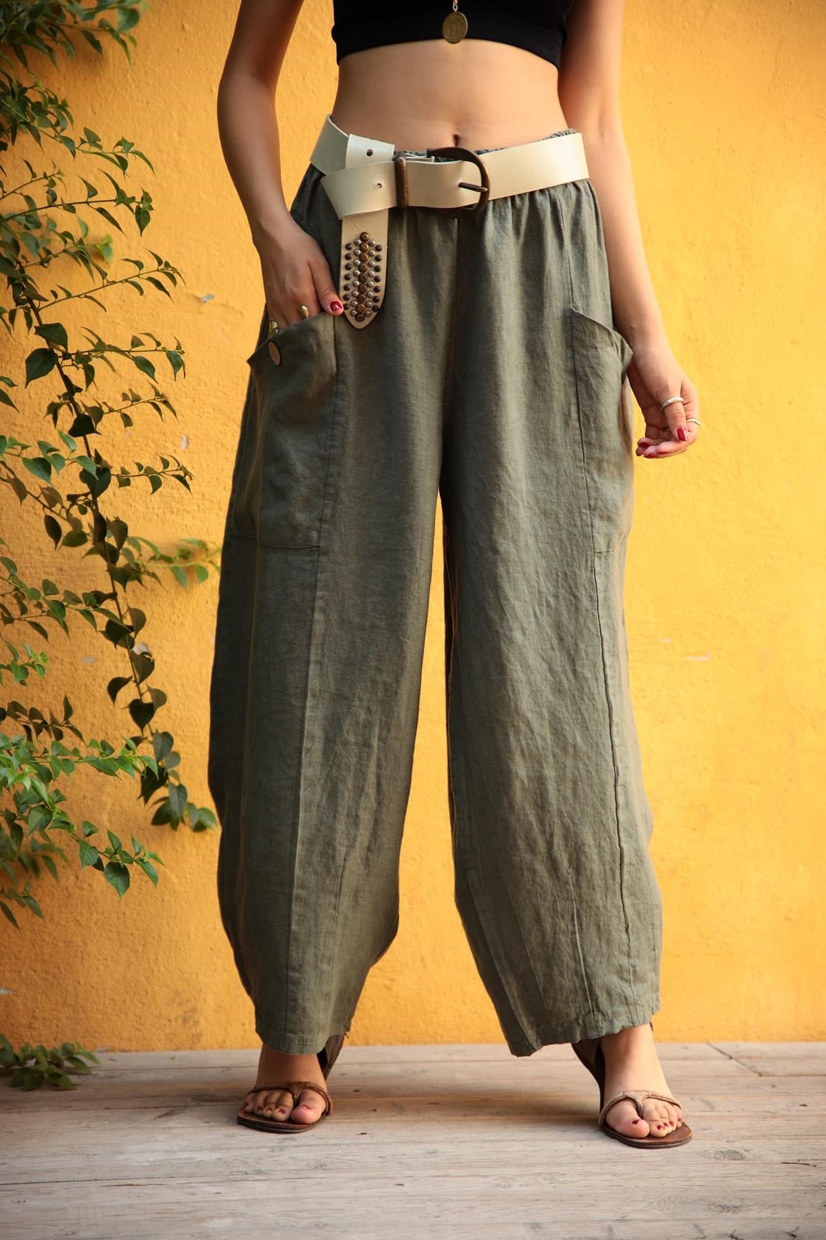 Haki Torba Cepli Oversize Keten Pantolon - Şaman Butik Haki Torba Cepli Oversize Keten Pantolon