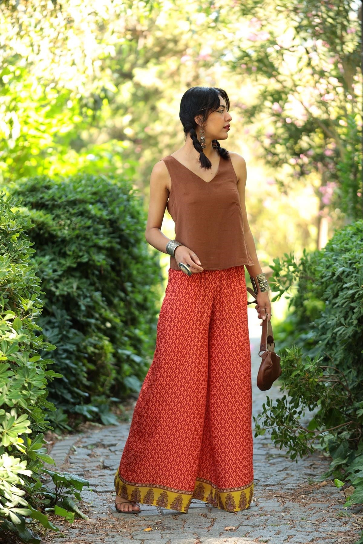 Tile Color Patterned Loose Trousers - Saman Butik | Shop Online Tile Color Patterned Loose Trousers