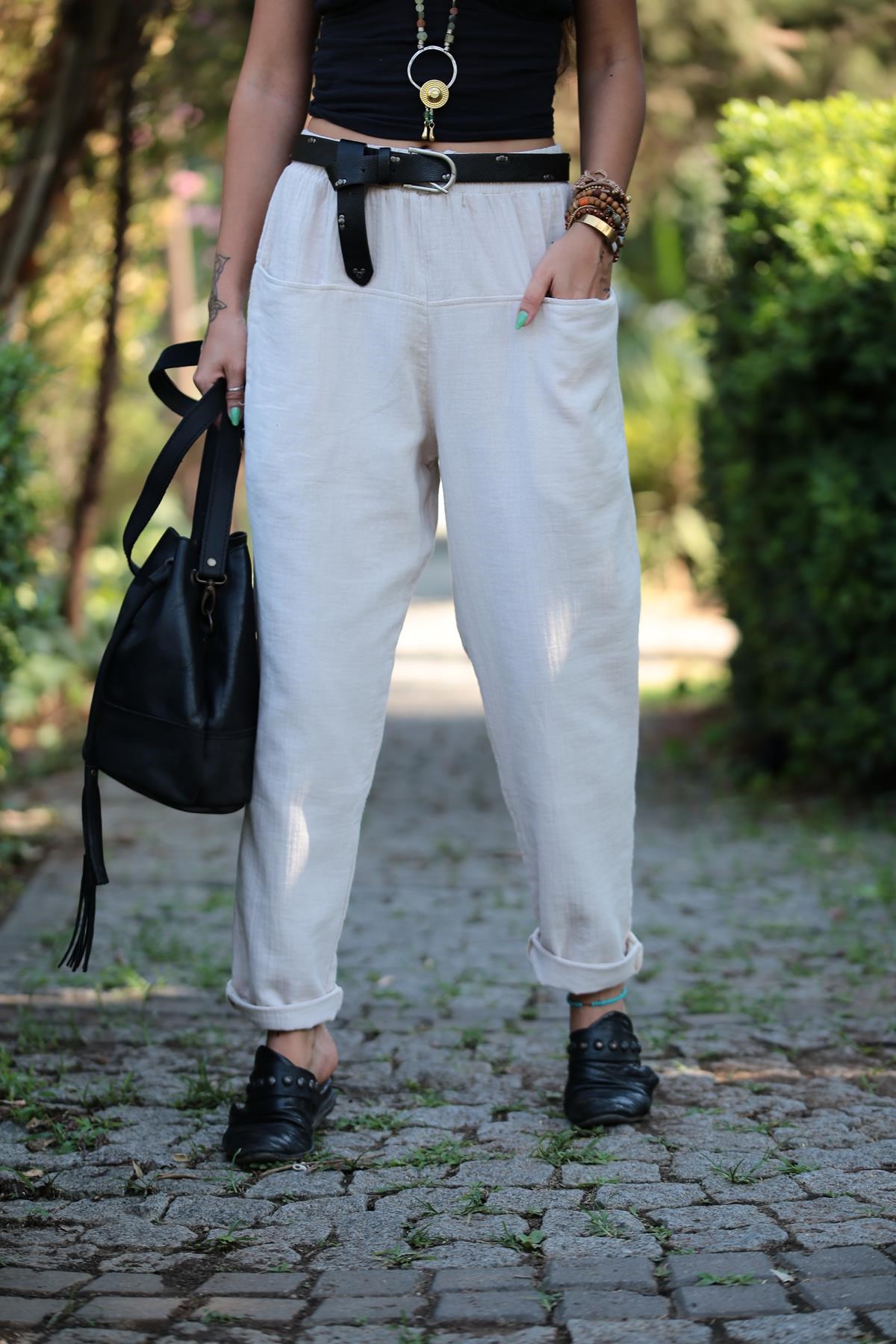 Krem Torba Cep Pantolon - Şaman Butik Krem Torba Cep Pantolon