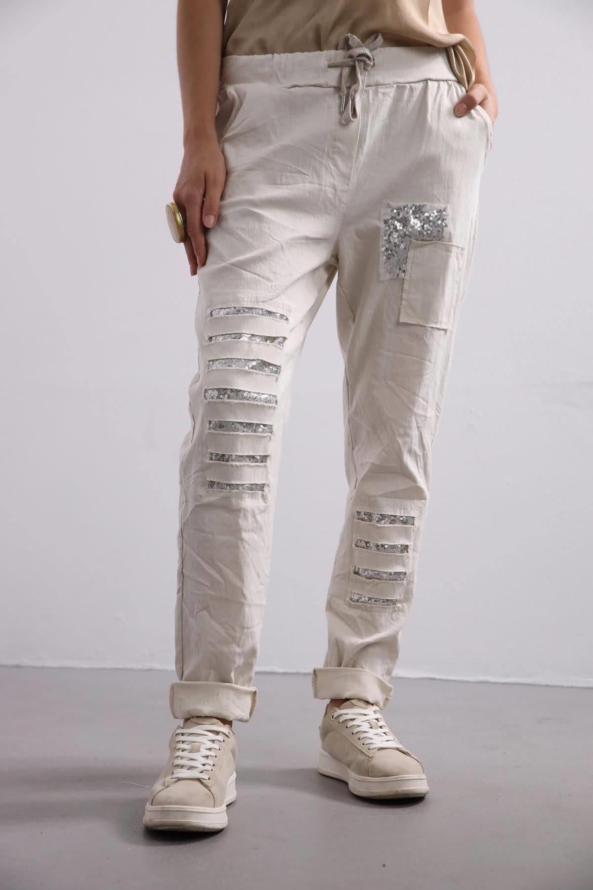 Saman Butik | Shop Online Cream Camouflage Pattern Patch Detail Sequin Trousers