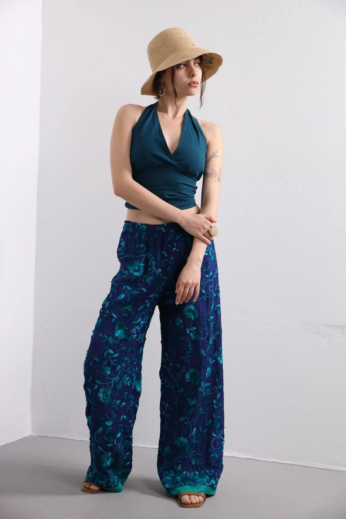 Lacivert İşlemeli Bohem Pantolon - Şaman Butik Lacivert İşlemeli Bohem Pantolon