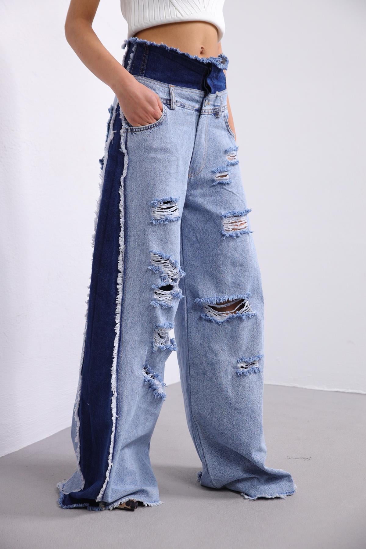 Mavi Çift Renk Yırtık Detay Jean Pantolon - Şaman Butik Mavi Çift Renk Yırtık Detay Jean Pantolon