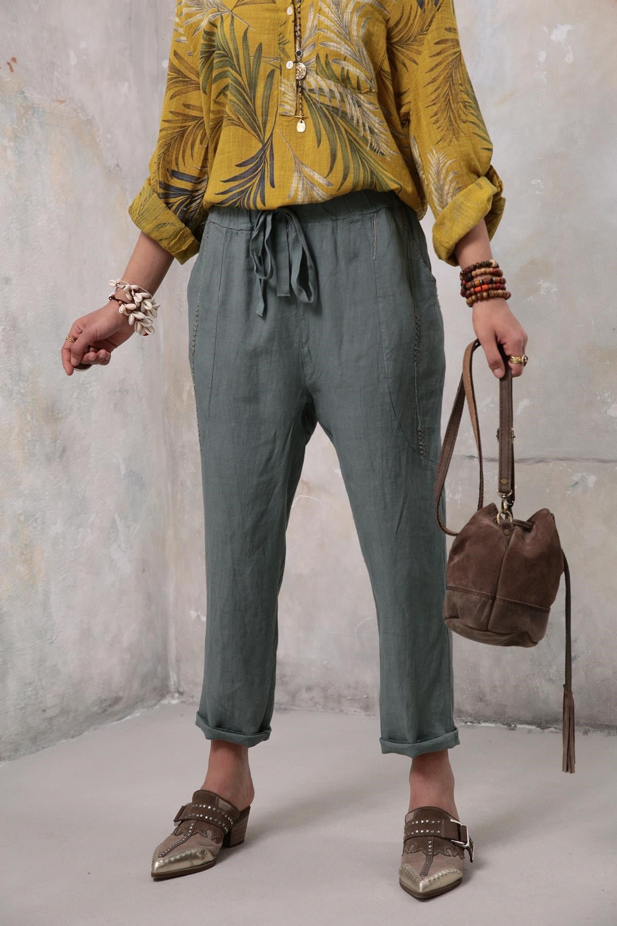 Mint Yeşili Dikiş Detaylı Keten Pantolon - Şaman Butik Mint Yeşili Dikiş Detaylı Keten Pantolon