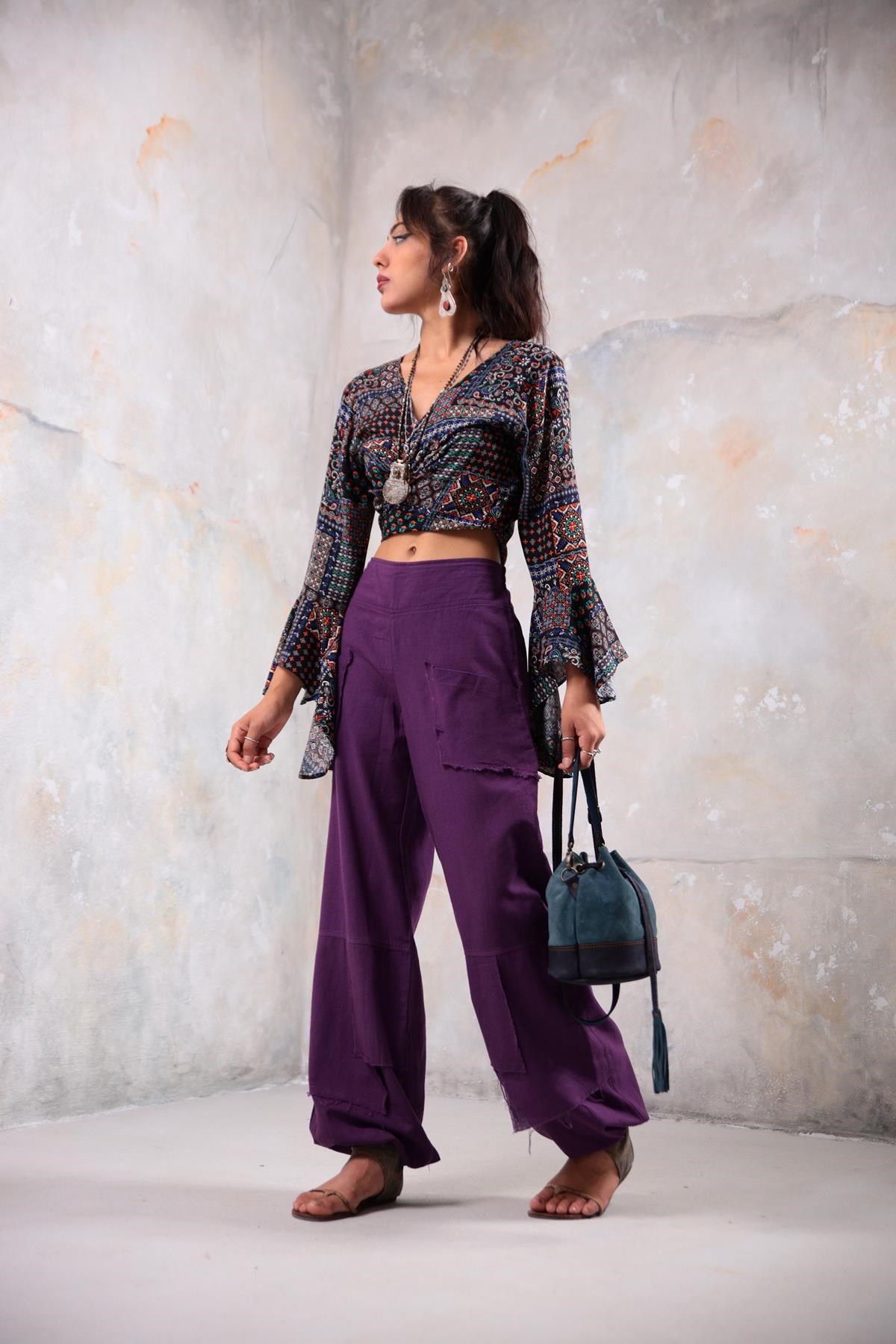 Purple Stitched Pockets Trousers - Saman Butik | Shop Online Purple Stitched Pockets Trousers