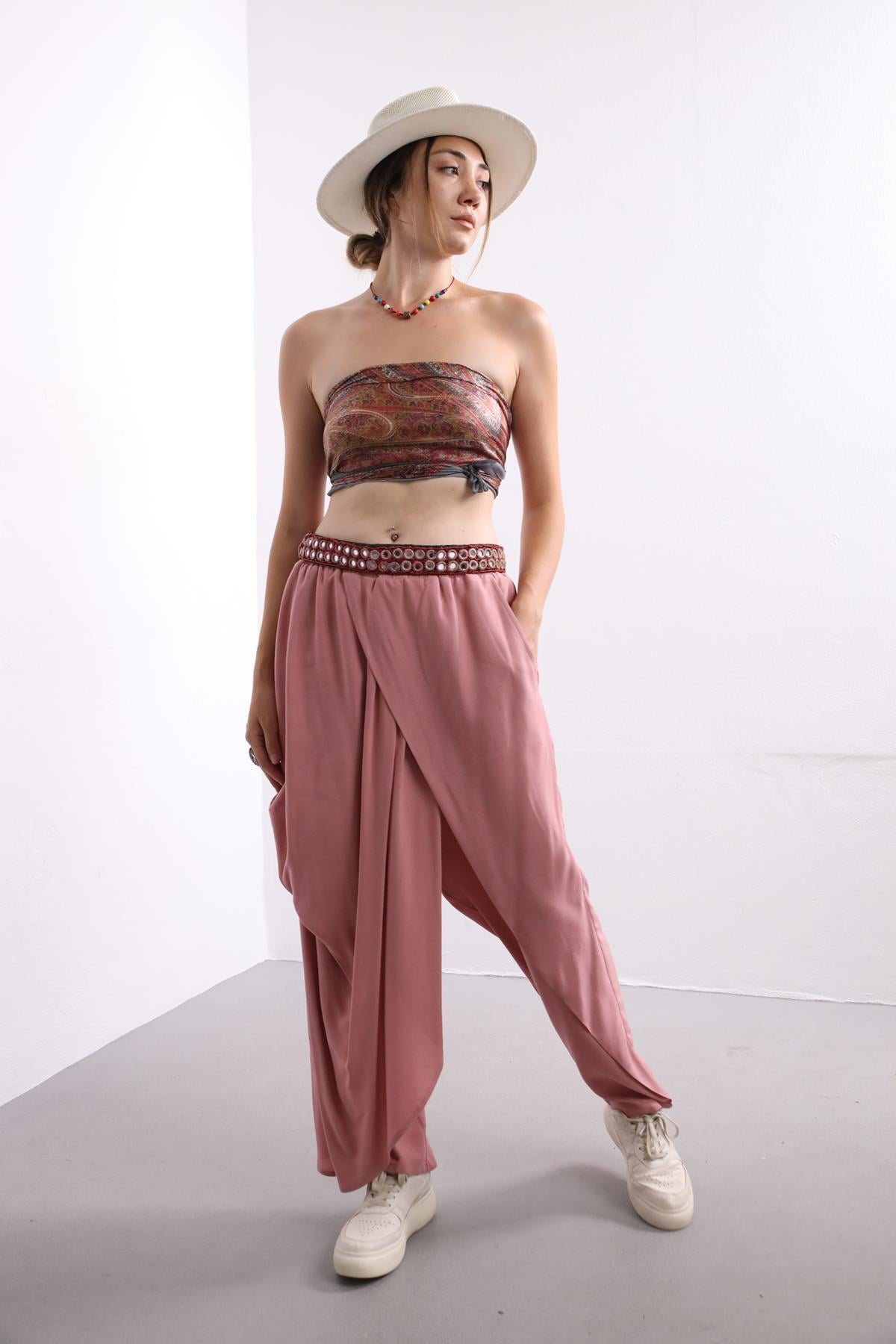 Pembe Beli Lastikli Kruvaze Pantolon - Şaman Butik Pembe Beli Lastikli Kruvaze Pantolon