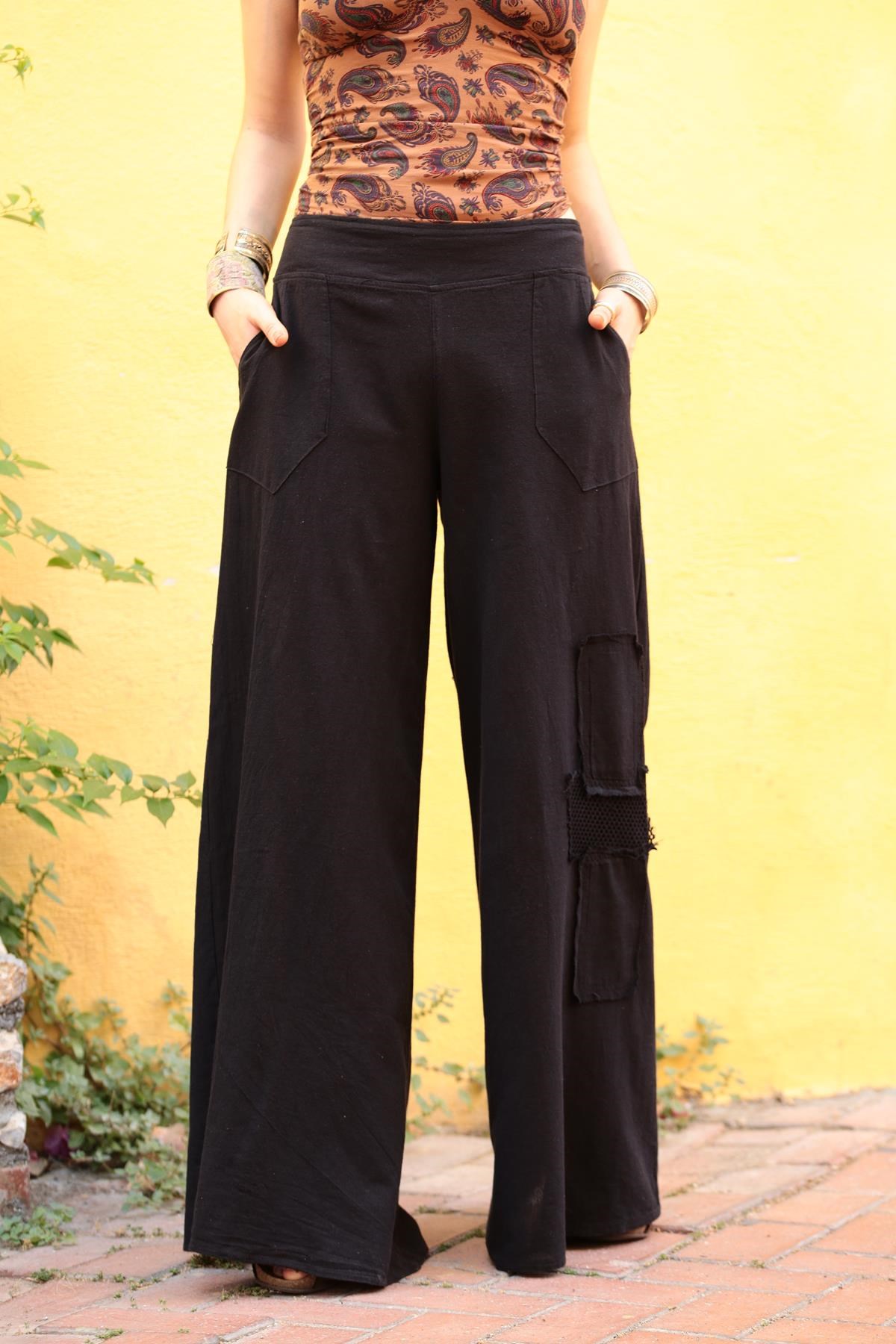 Siyah File Detay Pantolon - Şaman Butik Siyah File Detay Pantolon