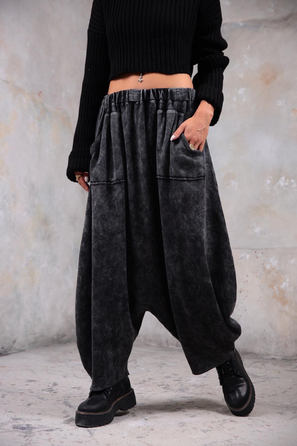 Antrasit Beli Lastikli Şalvar - Şaman Butik Antrasit Beli Lastikli Şalvar