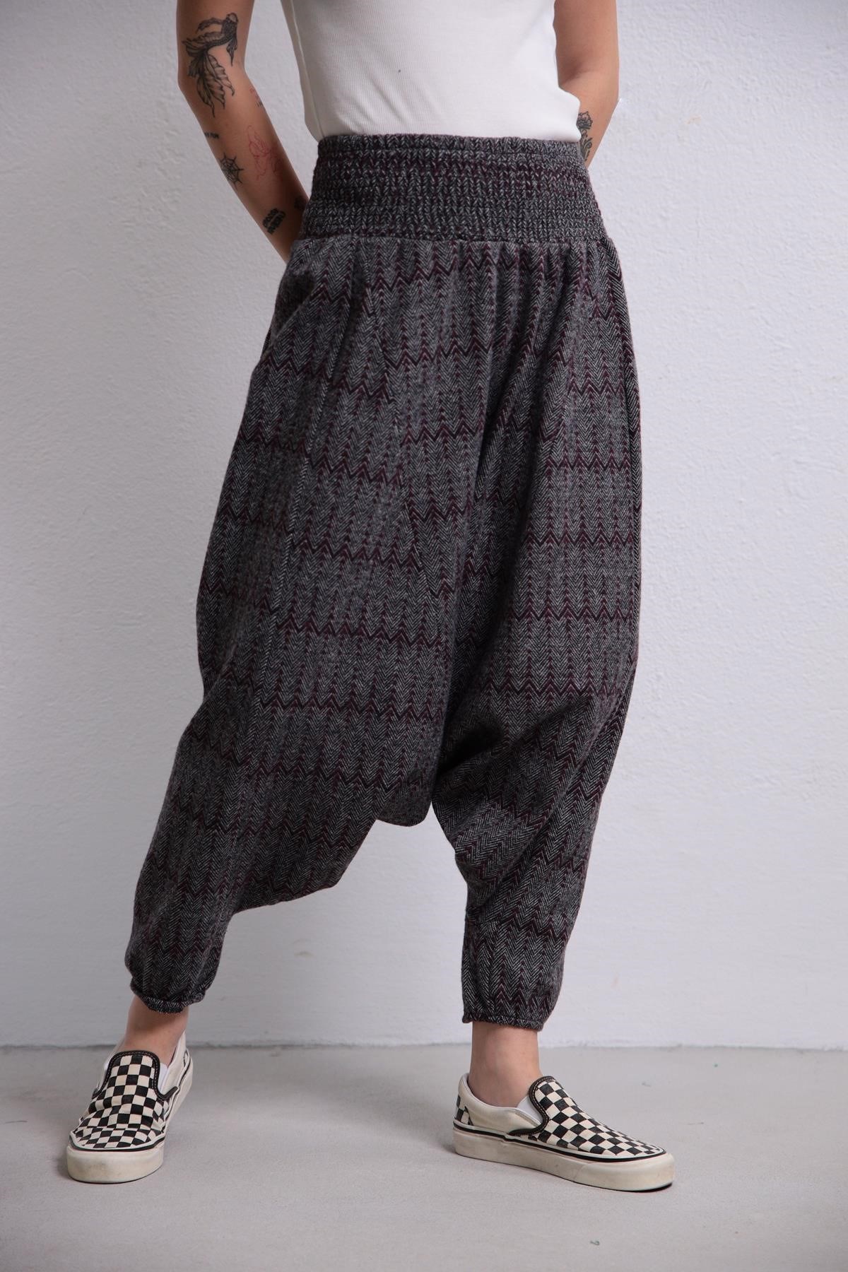 Bordo Gipe Bel Detaylı Kışlık Şalvar - Şaman Butik Bordo Gipe Bel Detaylı Kışlık Şalvar