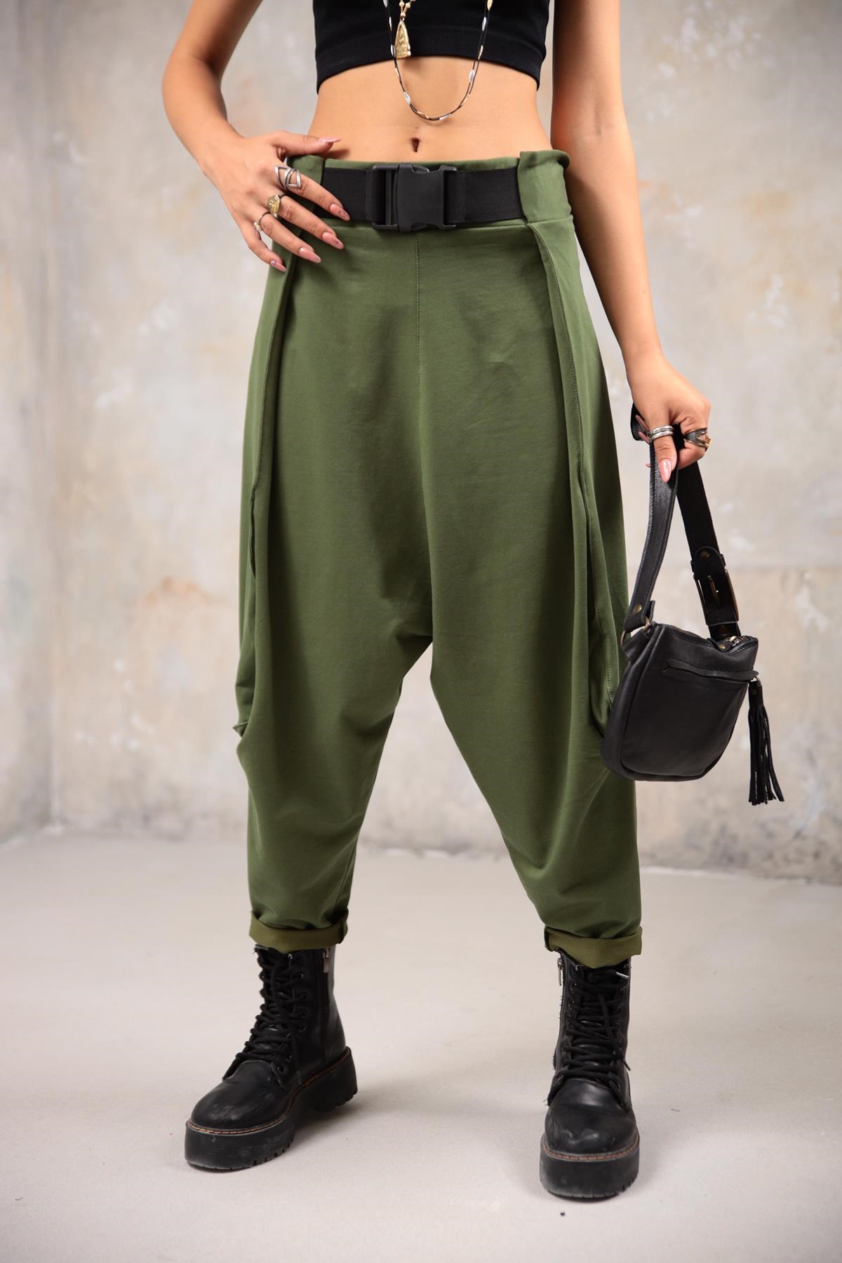 Khaki Belted Drop Crotch Trousers - Saman Butik | Shop Online Khaki Belted Drop Crotch Trousers