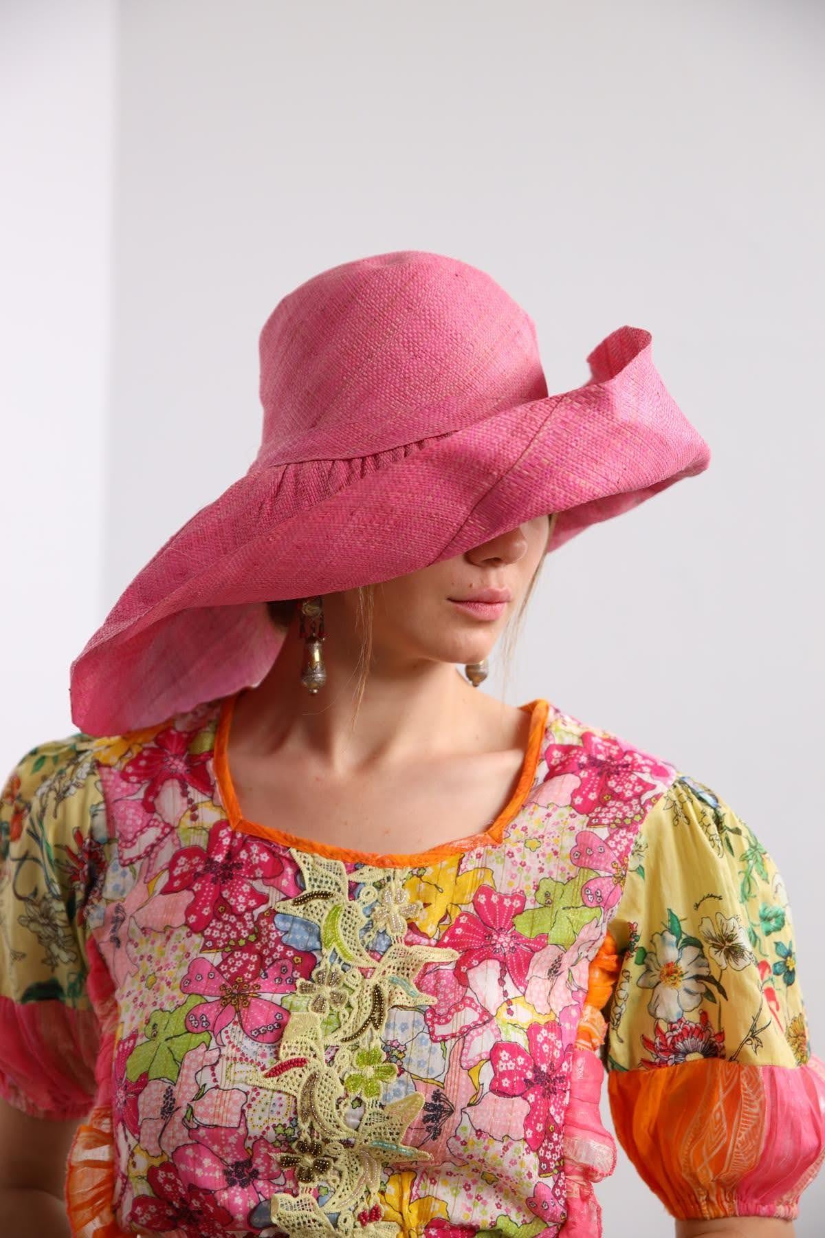 Pudra Pembe Rafya Şapka - Şaman Butik Pudra Pembe Rafya Şapka