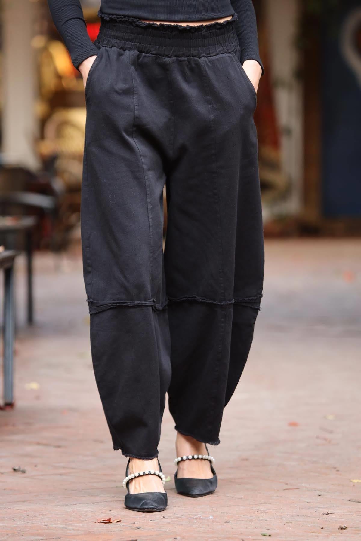 Siyah Dikiş Detaylı Gabardin Pantolon