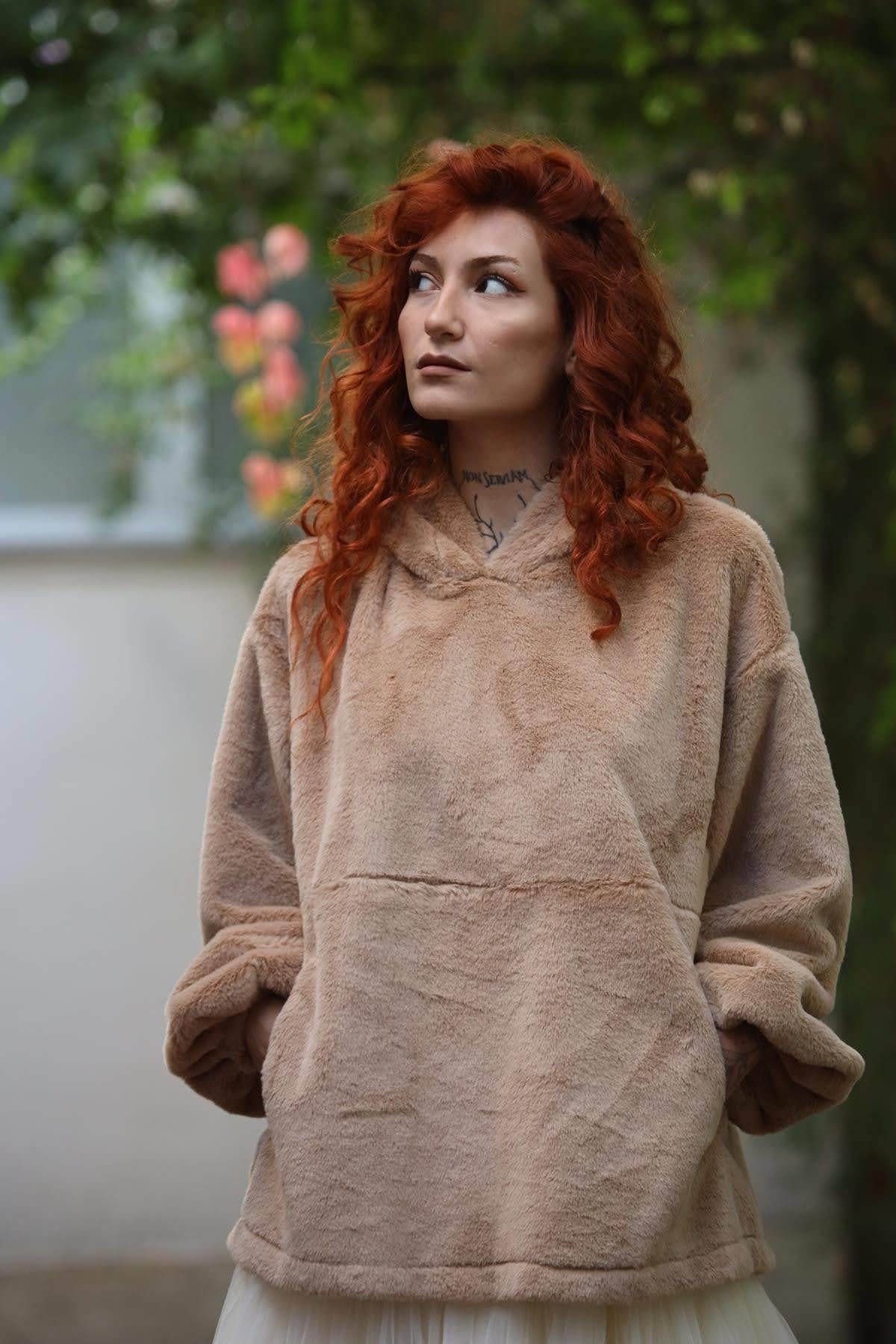 Sütlü Kahve Kapüşonlu Peluş Sweat
