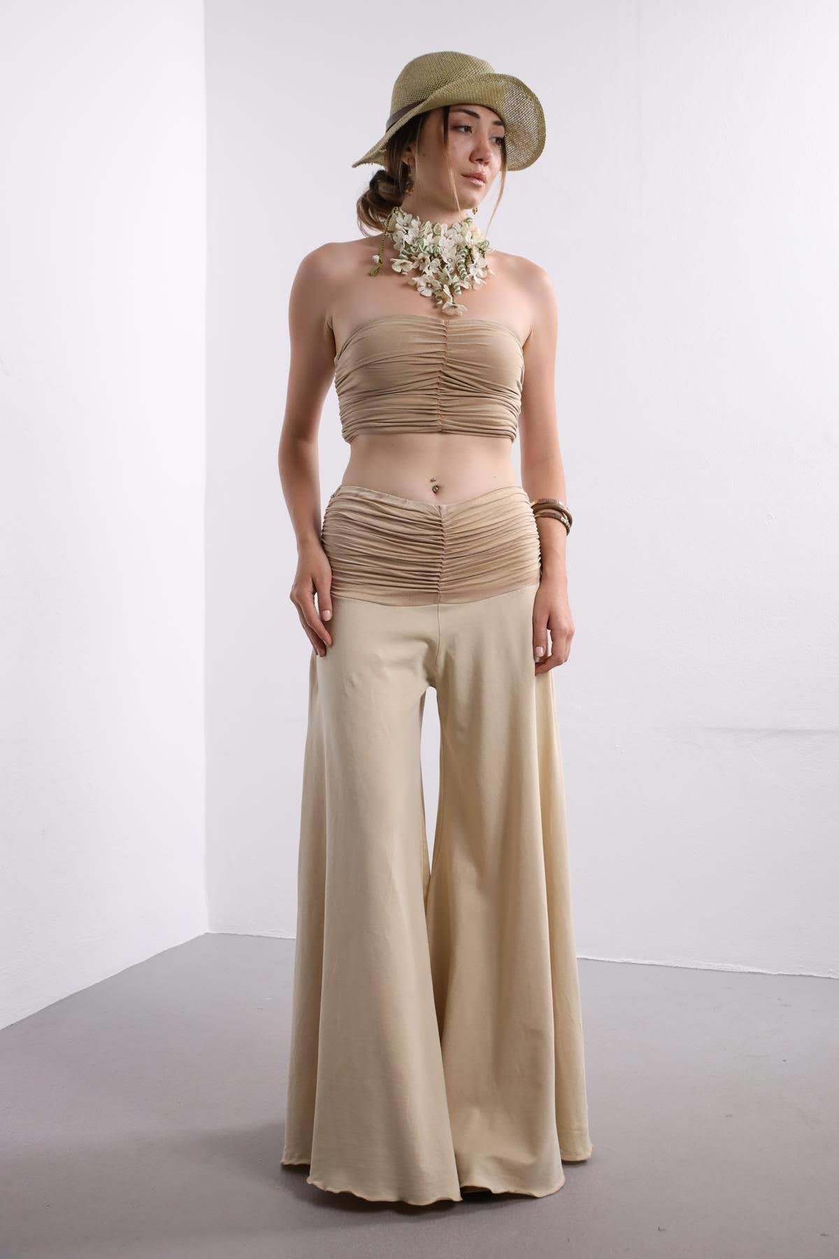 Bej Büzgülü Straplez Pantolon Takım - Şaman Butik Bej Büzgülü Straplez Pantolon Takım