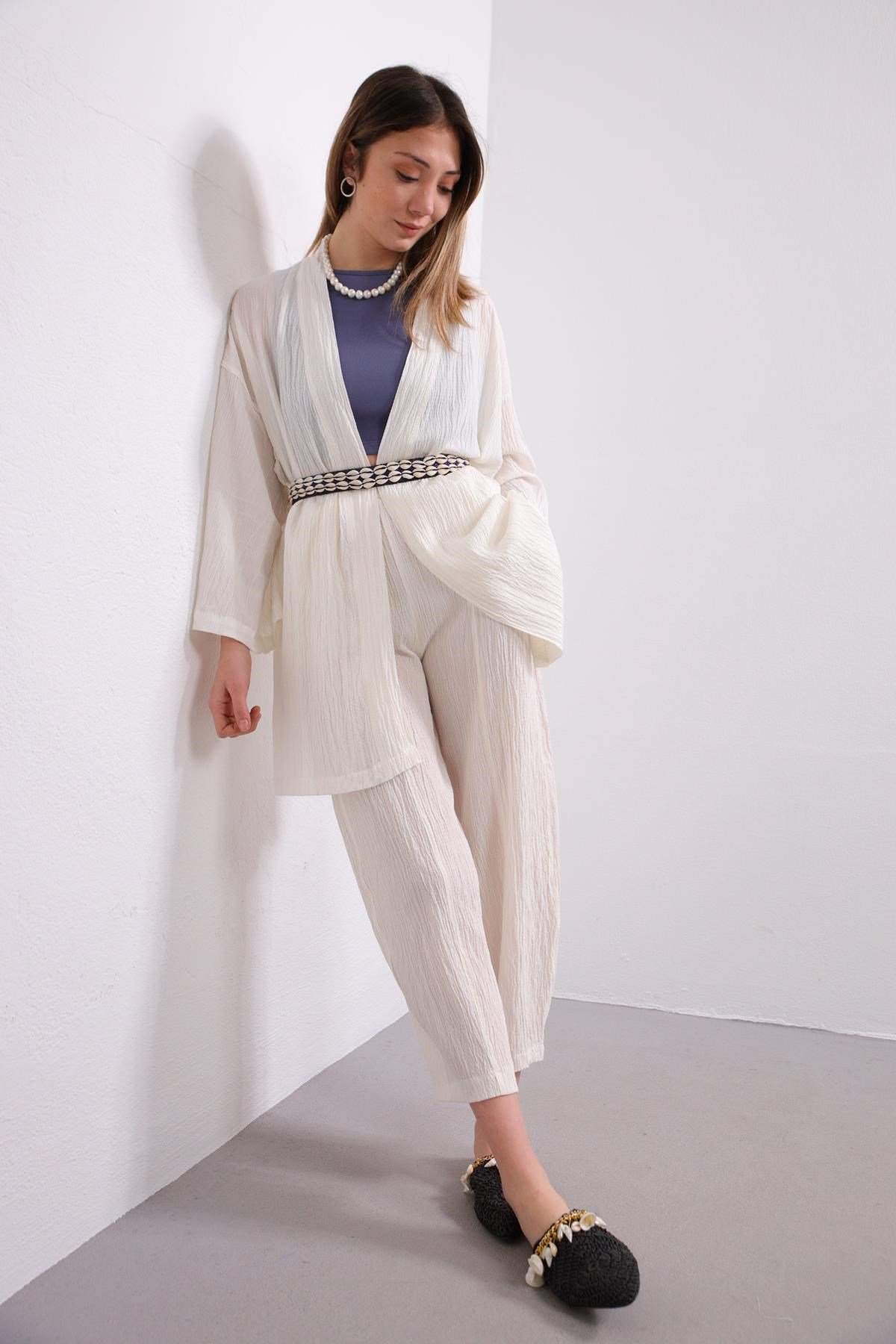 Beyaz Gofre Kimono Pantolon Takım - Şaman Butik - Bohem Giyim ve Aksesuar | Kadın & Erkek Beyaz Gofre Kimono Pantolon Takım