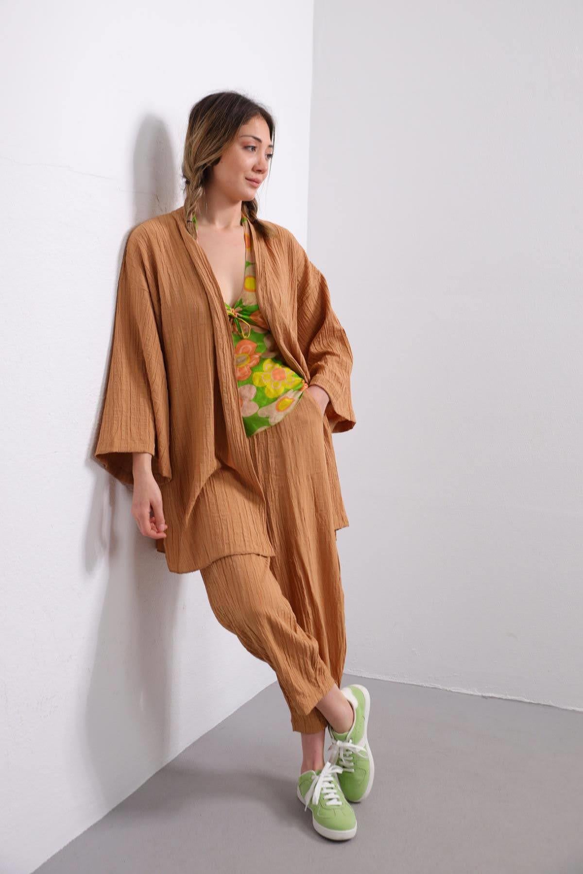 Mustard Seersucker Kimono Trousers Set - Saman Butik | Shop Online Mustard Seersucker Kimono Trousers Set