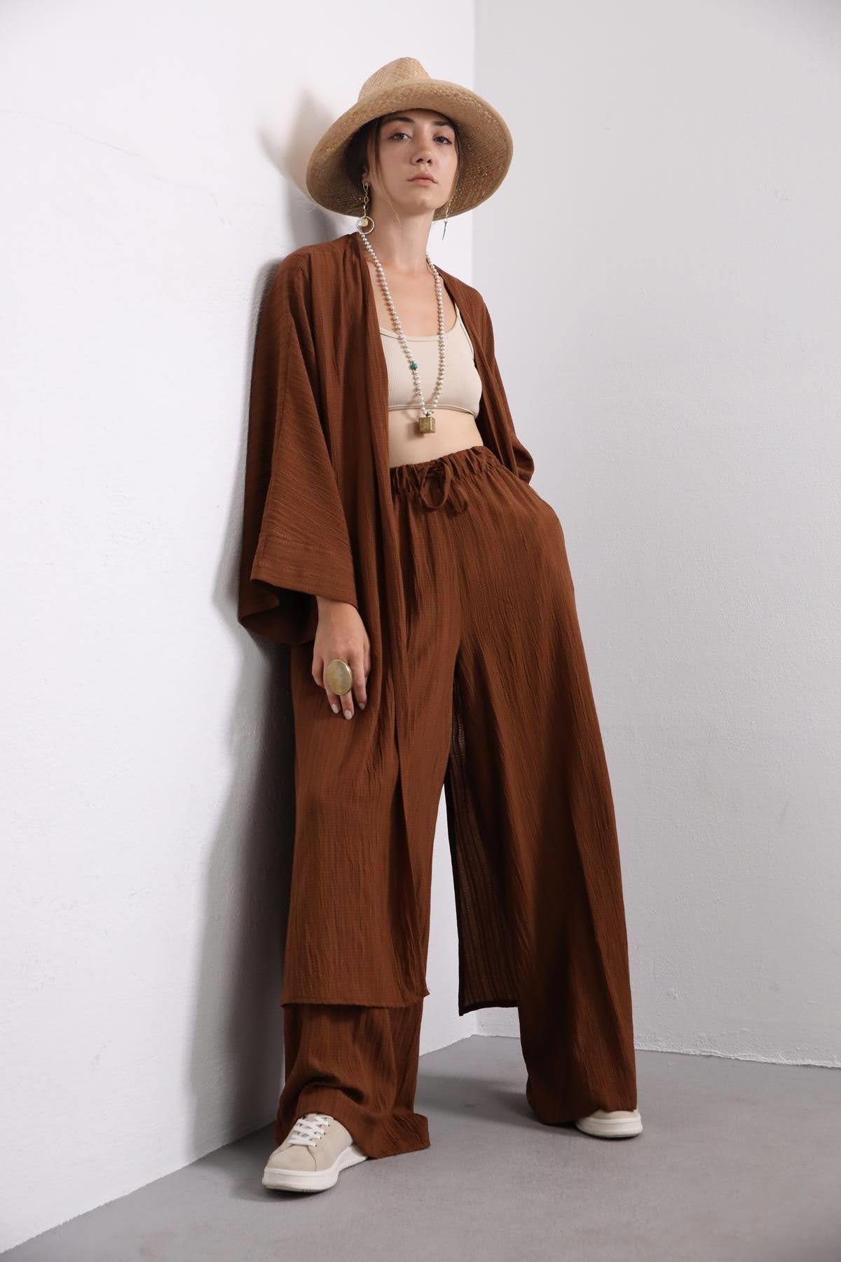 Kahverengi Gofre Uzun Kimono Takım - Şaman Butik Kahverengi Gofre Uzun Kimono Takım