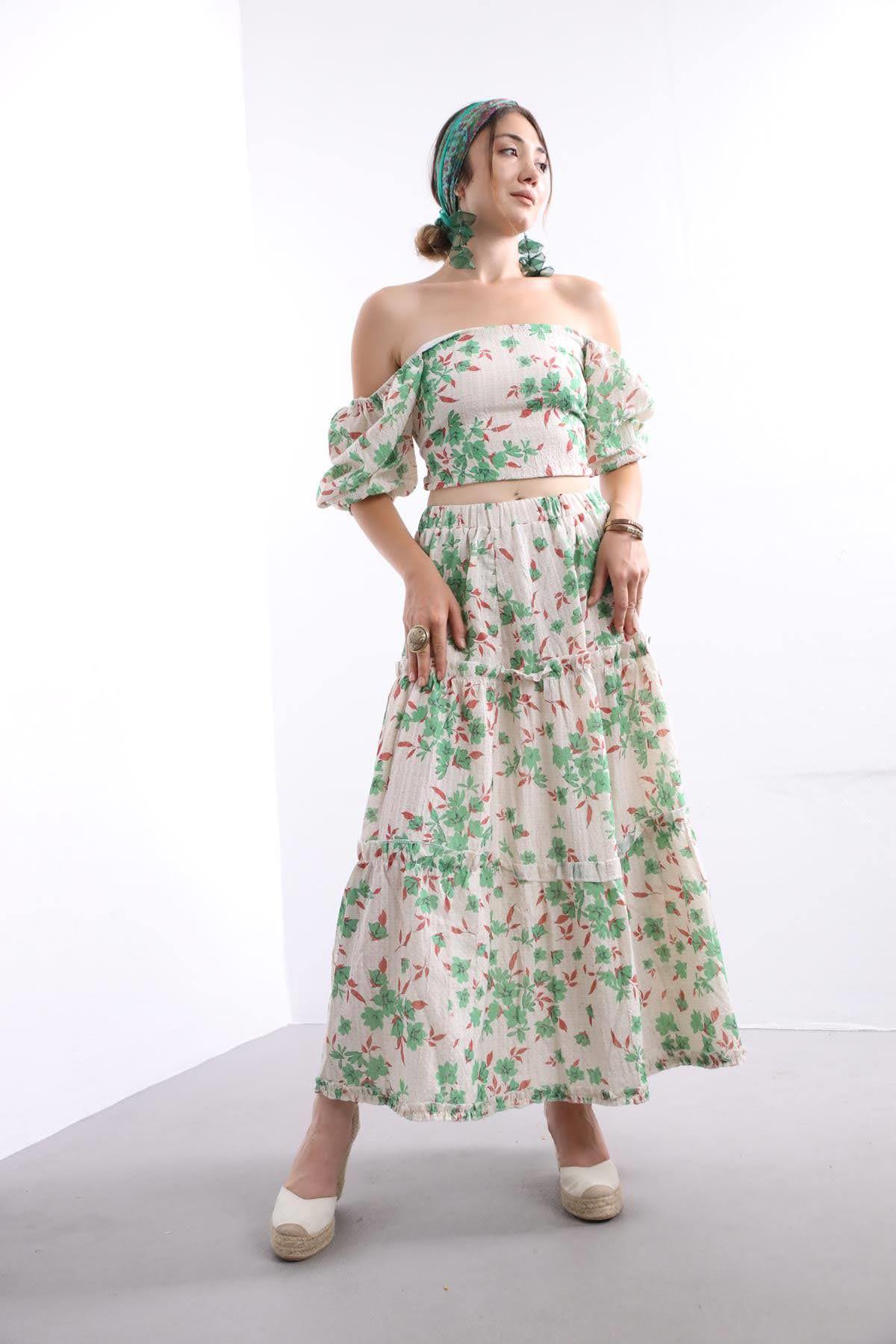 Krem Çiçek Desenli Sırt Detaylı Bluz Etek Takım - Şaman Butik Krem Çiçek Desenli Sırt Detaylı Bluz Etek Takım