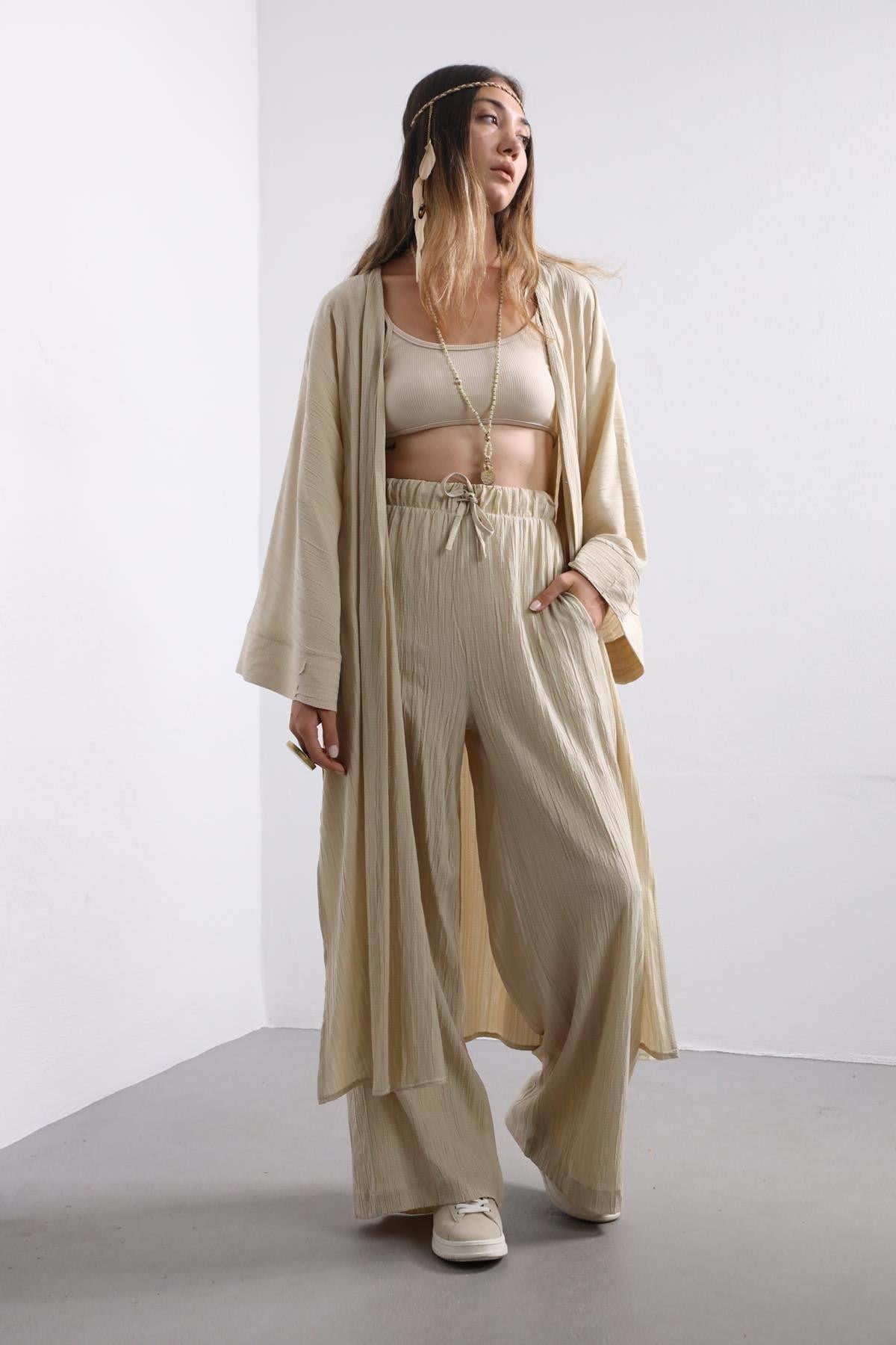 Krem Rengi Gofre Uzun Kimono Takım - Şaman Butik Krem Rengi Gofre Uzun Kimono Takım