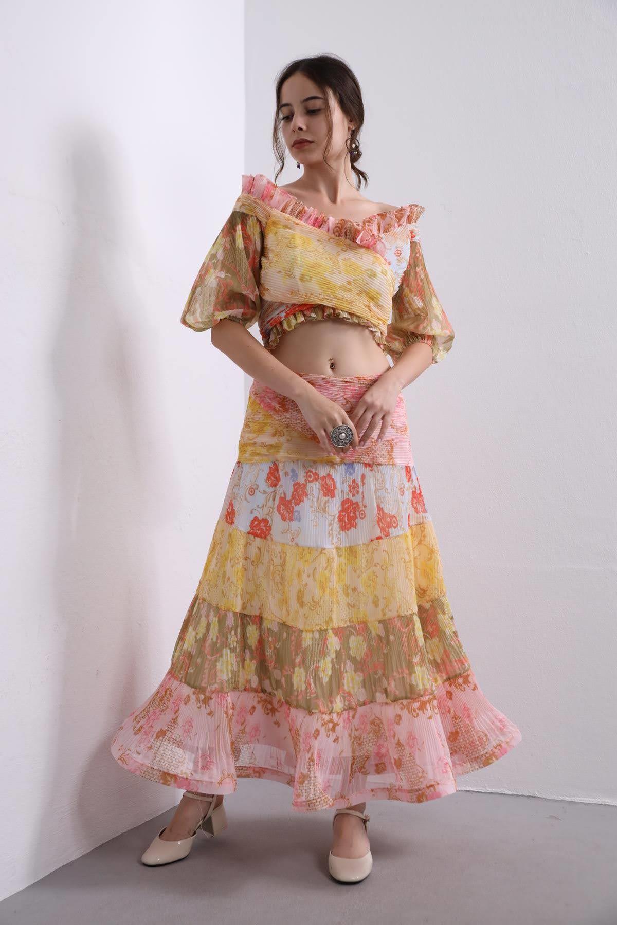 Pembe Desenli Piliseli Bohem Takım - Şaman Butik Pembe Desenli Piliseli Bohem Takım