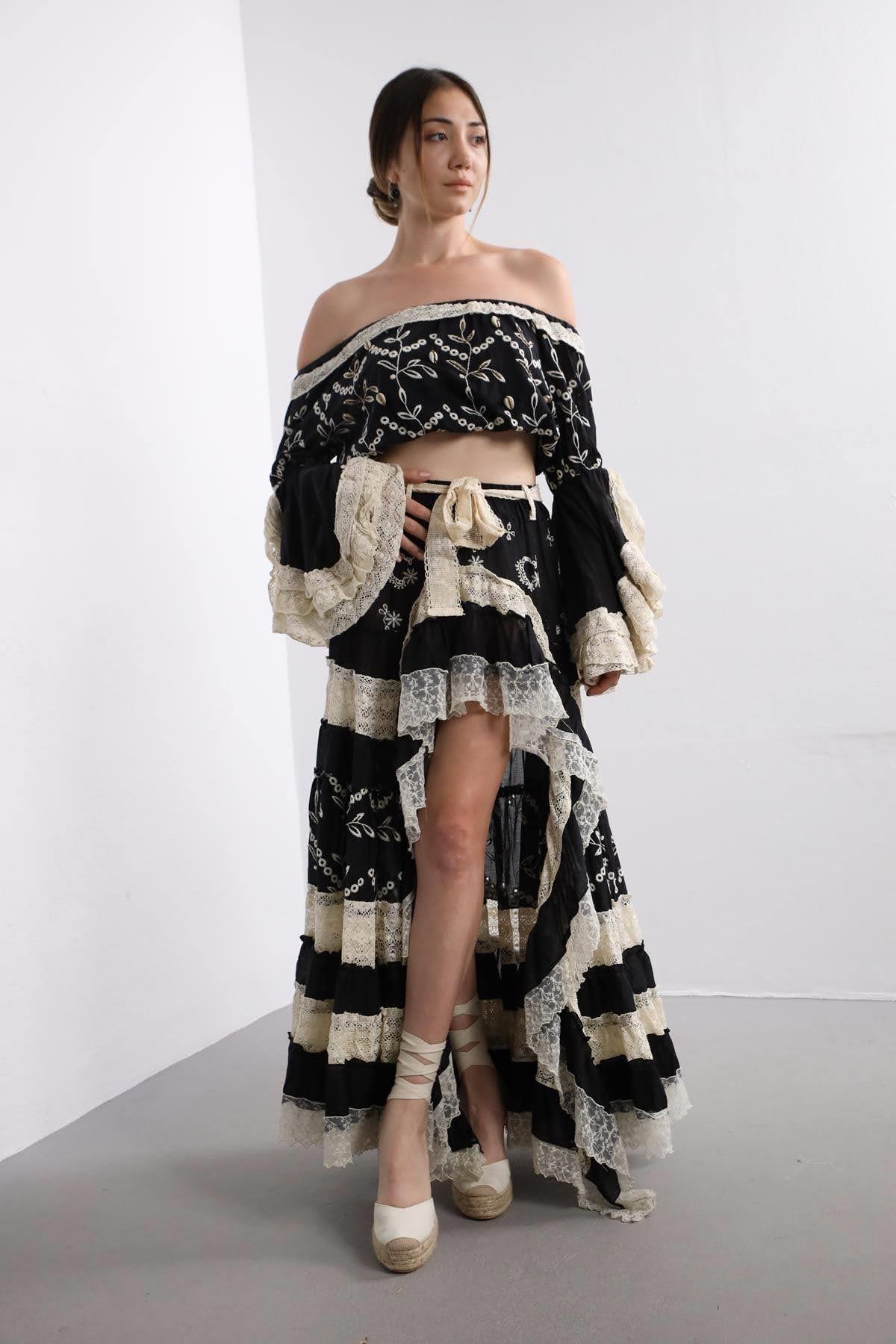 Siyah Dantelli Straplez Etek Takım - Şaman Butik Siyah Dantelli Straplez Etek Takım