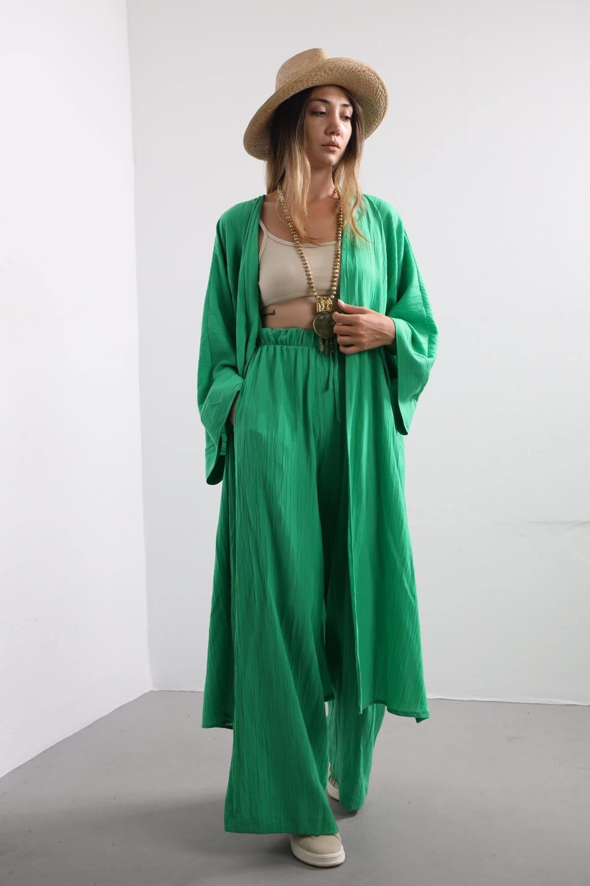 Yeşil Gofre Uzun Kimono Takım - Şaman Butik Yeşil Gofre Uzun Kimono Takım