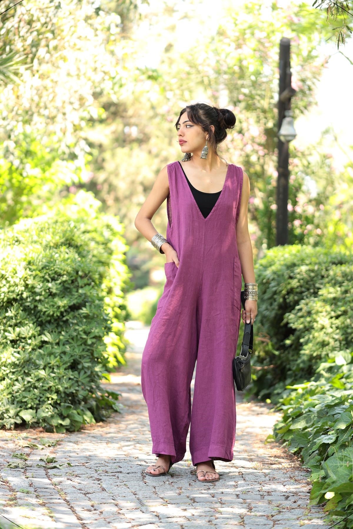 Bordo Sırttan Bağlamalı Keten Tulum - Şaman Butik Bordo Sırttan Bağlamalı Keten Tulum
