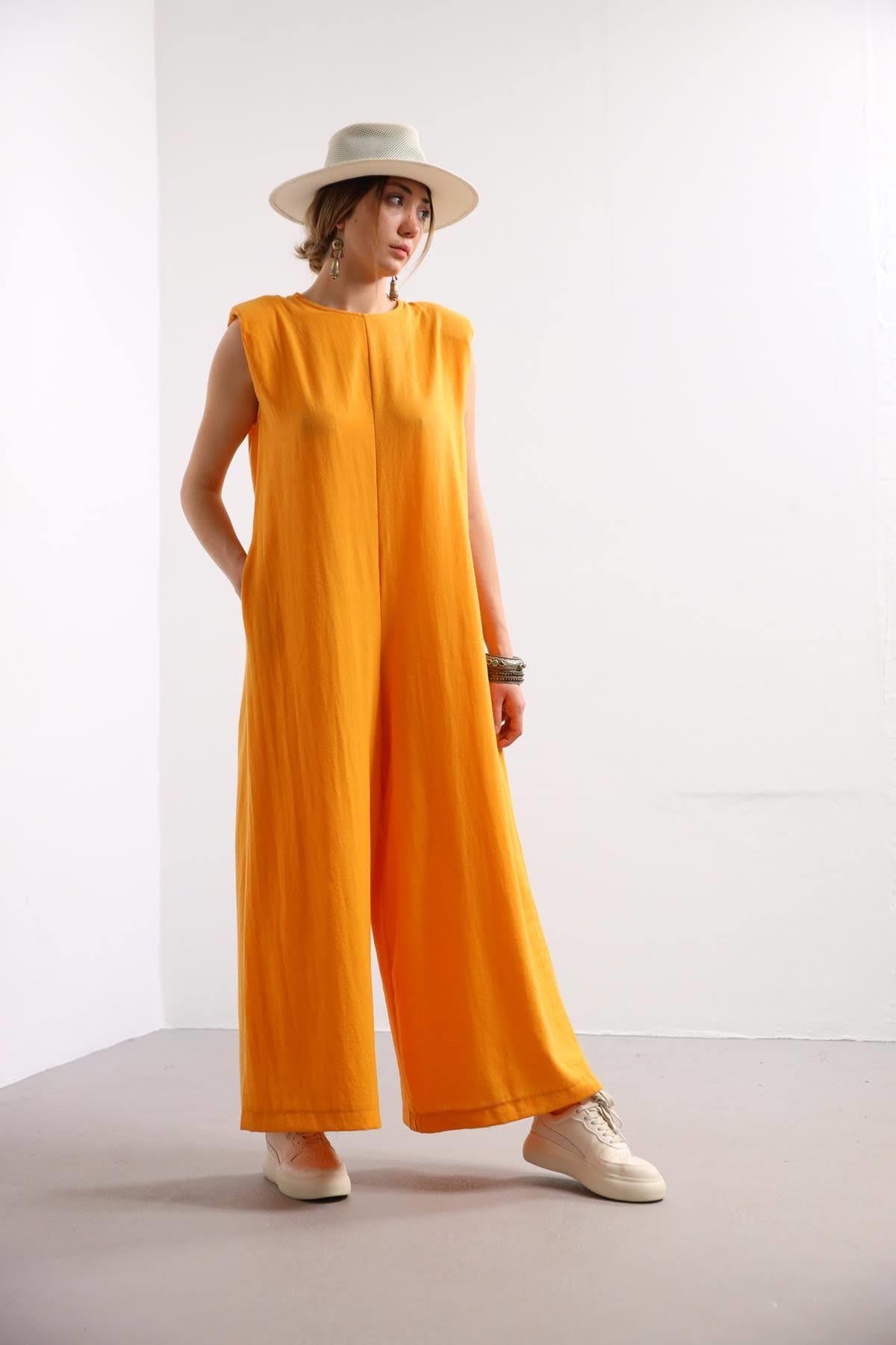Mango Rengi Vatkalı Kolsuz Tulum - Şaman Butik Mango Rengi Vatkalı Kolsuz Tulum