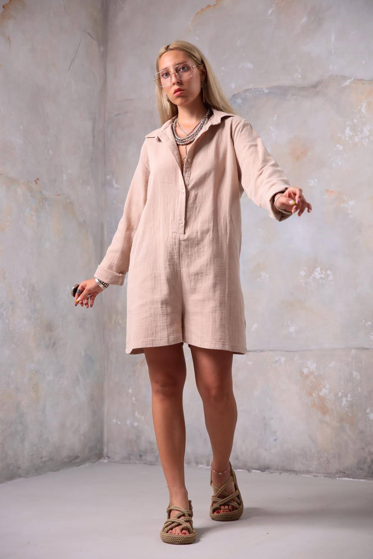 Sütlü Kahve Yarım Düğmeli Tulum - Şaman Butik Sütlü Kahve Yarım Düğmeli Tulum