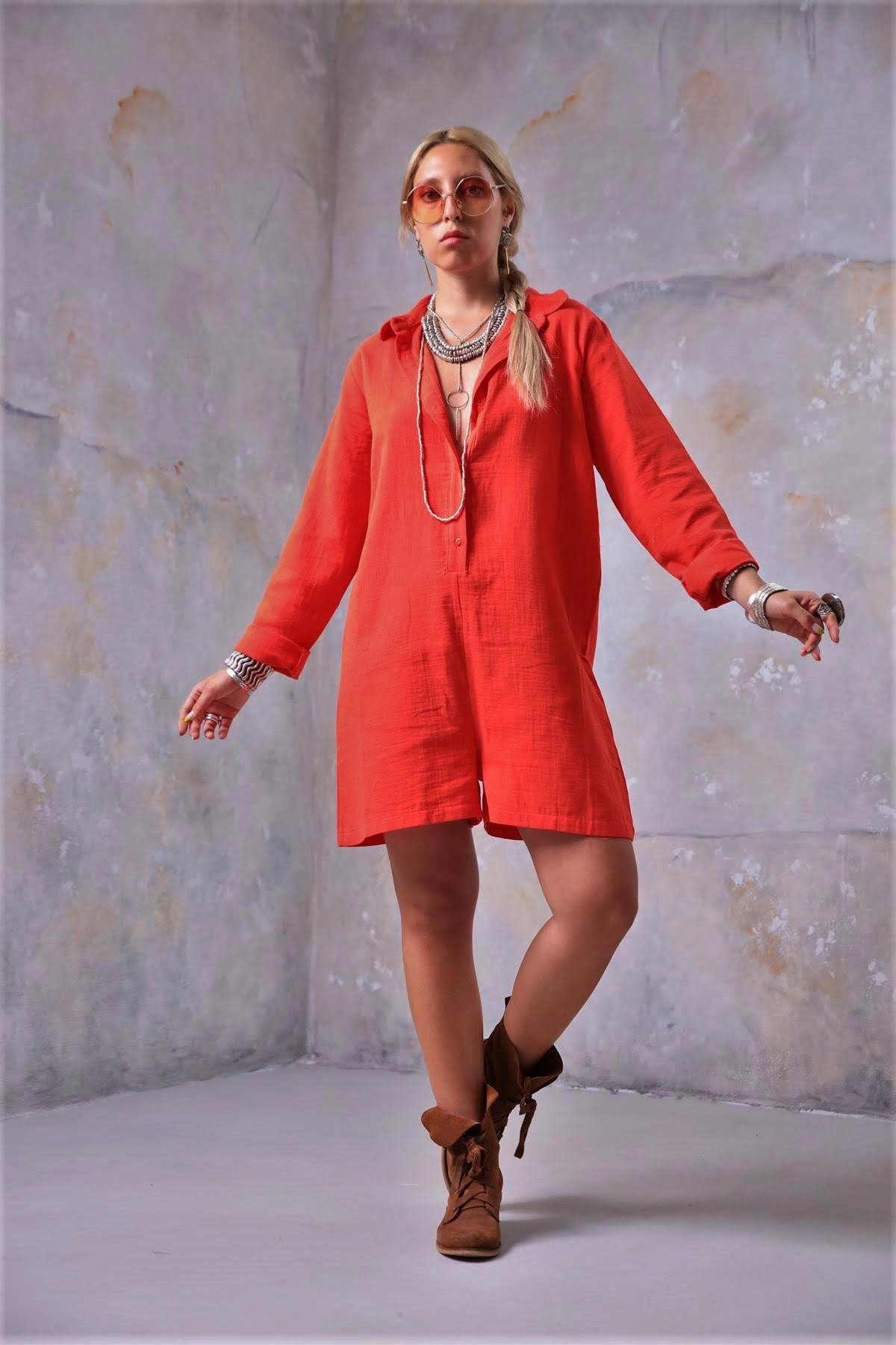 Turuncu Yarım Düğmeli Tulum - Şaman Butik Turuncu Yarım Düğmeli Tulum