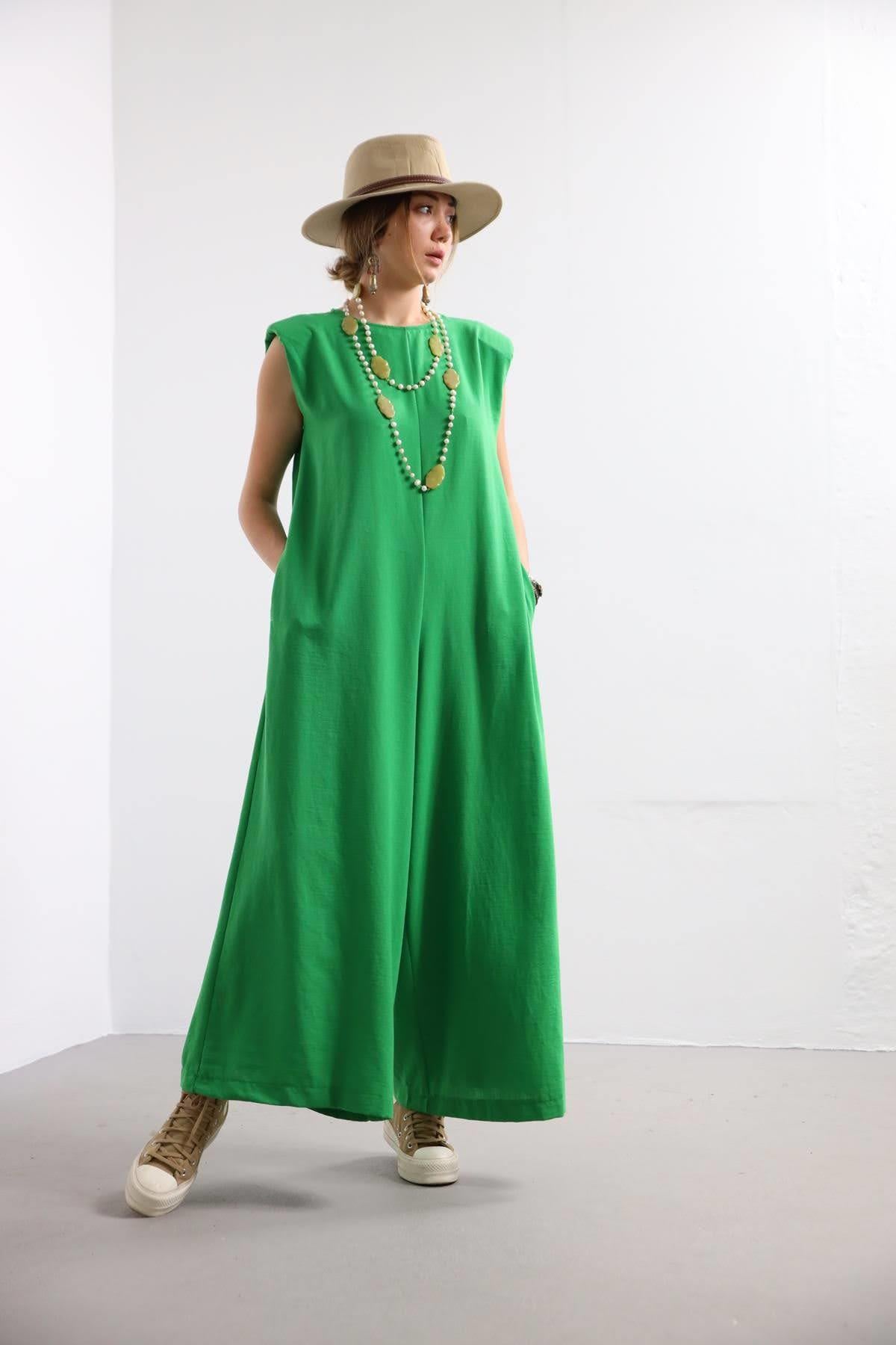 Yeşil Vatkalı Kolsuz Tulum - Şaman Butik Yeşil Vatkalı Kolsuz Tulum