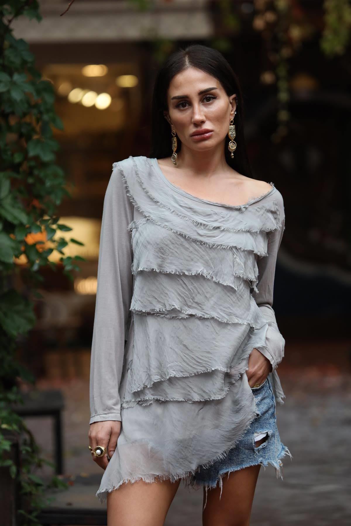 Vizon Rengi Asimetrik Kesim Kat Kat İpek Bluz