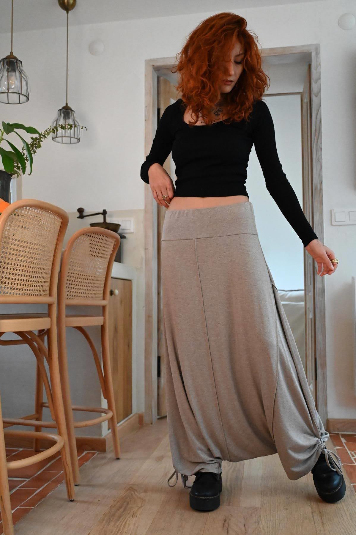 Vizon Rengi Paçası İpli Dikiş Detay Triko Şalvar