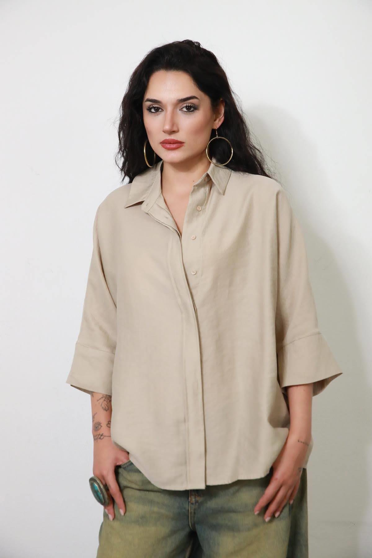 Vizon Rengi Yarasa Kol Arkası Dikişli Gömlek