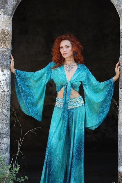 Turkuaz Yarasa Kol İpek Bolero
