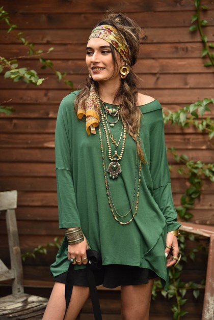 Yeşil Kayık Yaka Dikişli Bluz - Şaman Butik Yeşil Kayık Yaka Dikişli Bluz