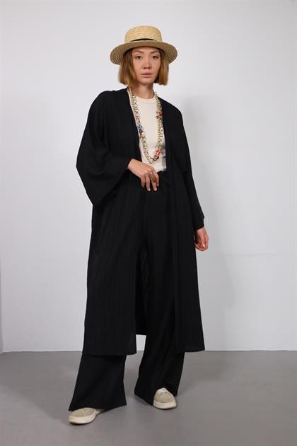  Siyah Gofre Uzun Kimono Takım