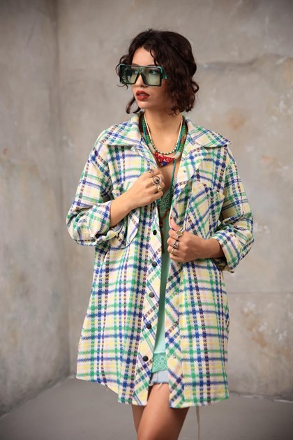 Ekru Çıtçıtlı Desenli Oversize Ceket - Şaman Butik Ekru Çıtçıtlı Desenli Oversize Ceket